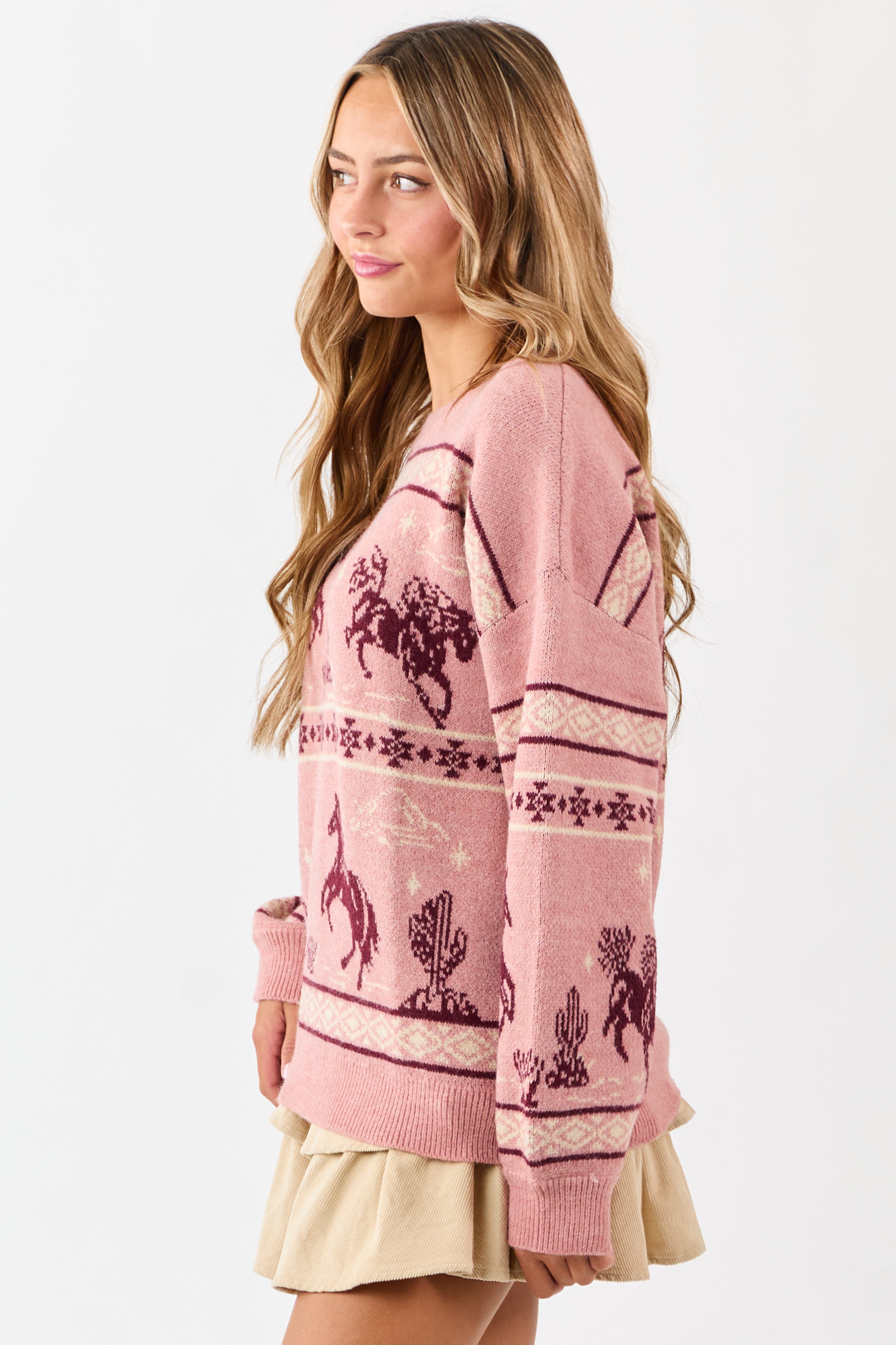 Cherry Blossom Western Print Crew Neck Knit Sweater