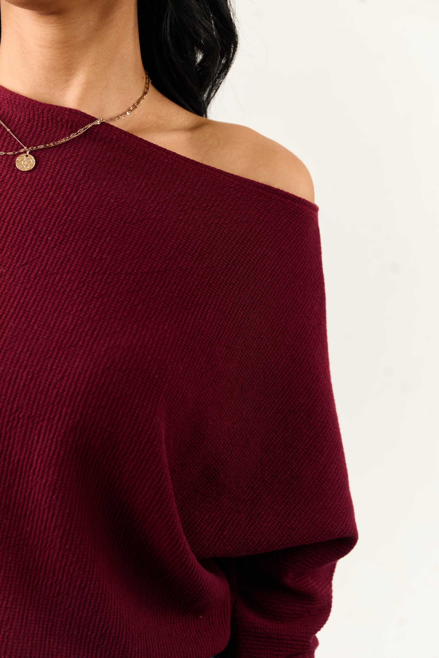 Cherry Boat Neck Knit Long Sleeve Top