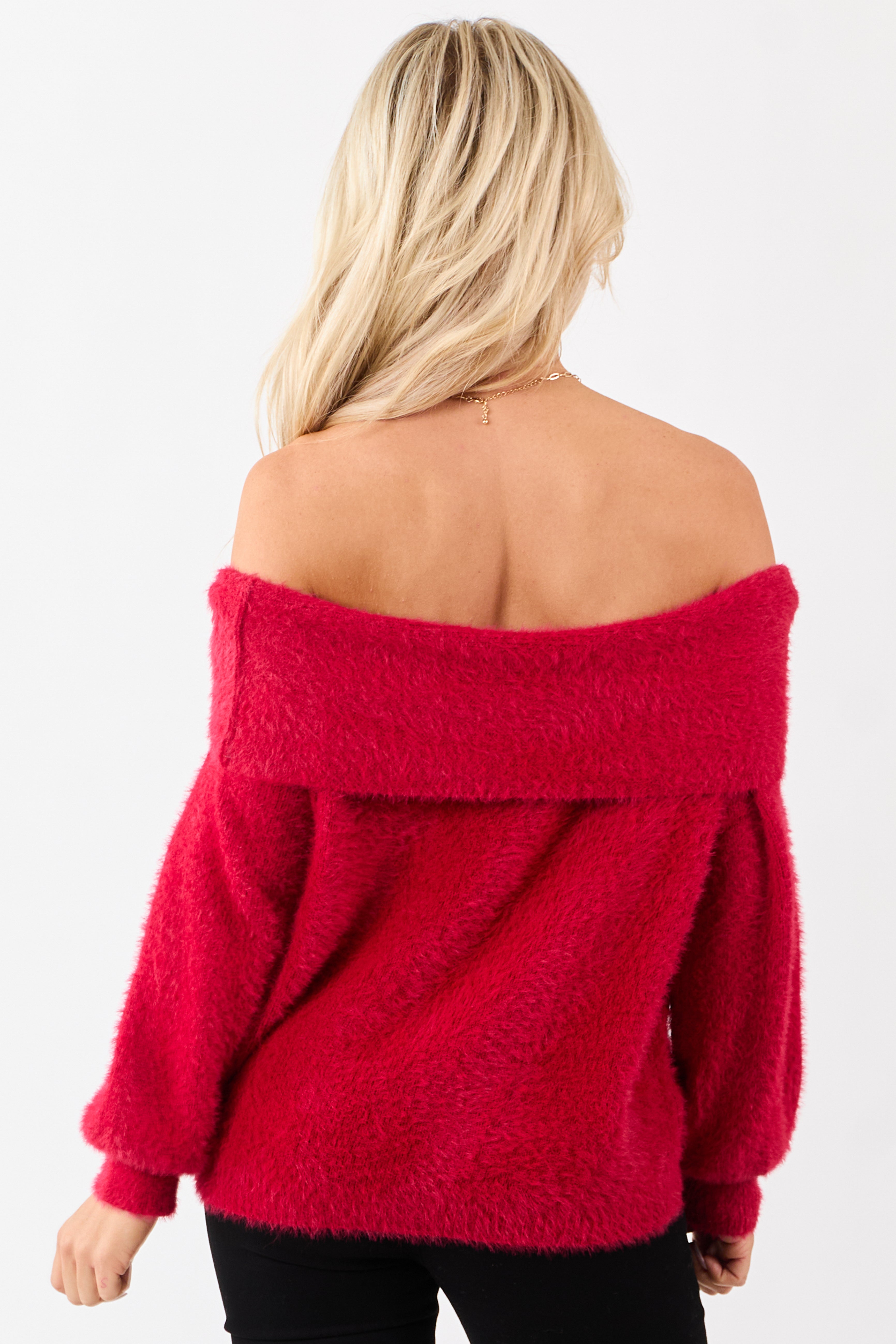 Cherry Eyelash Knit Off Shoulder Long Sleeve Sweater