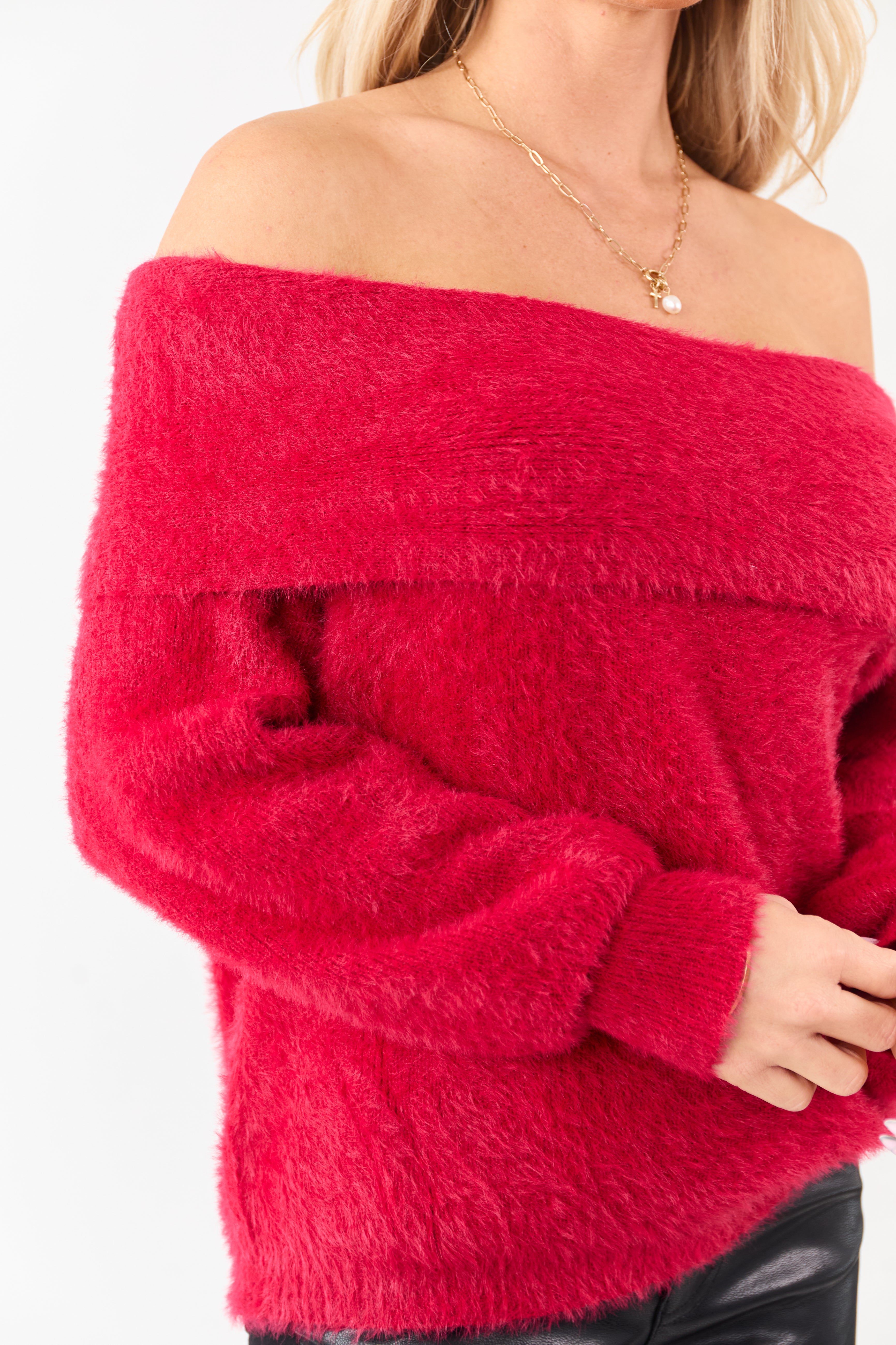 Cherry Eyelash Knit Off Shoulder Long Sleeve Sweater | Lime Lush
