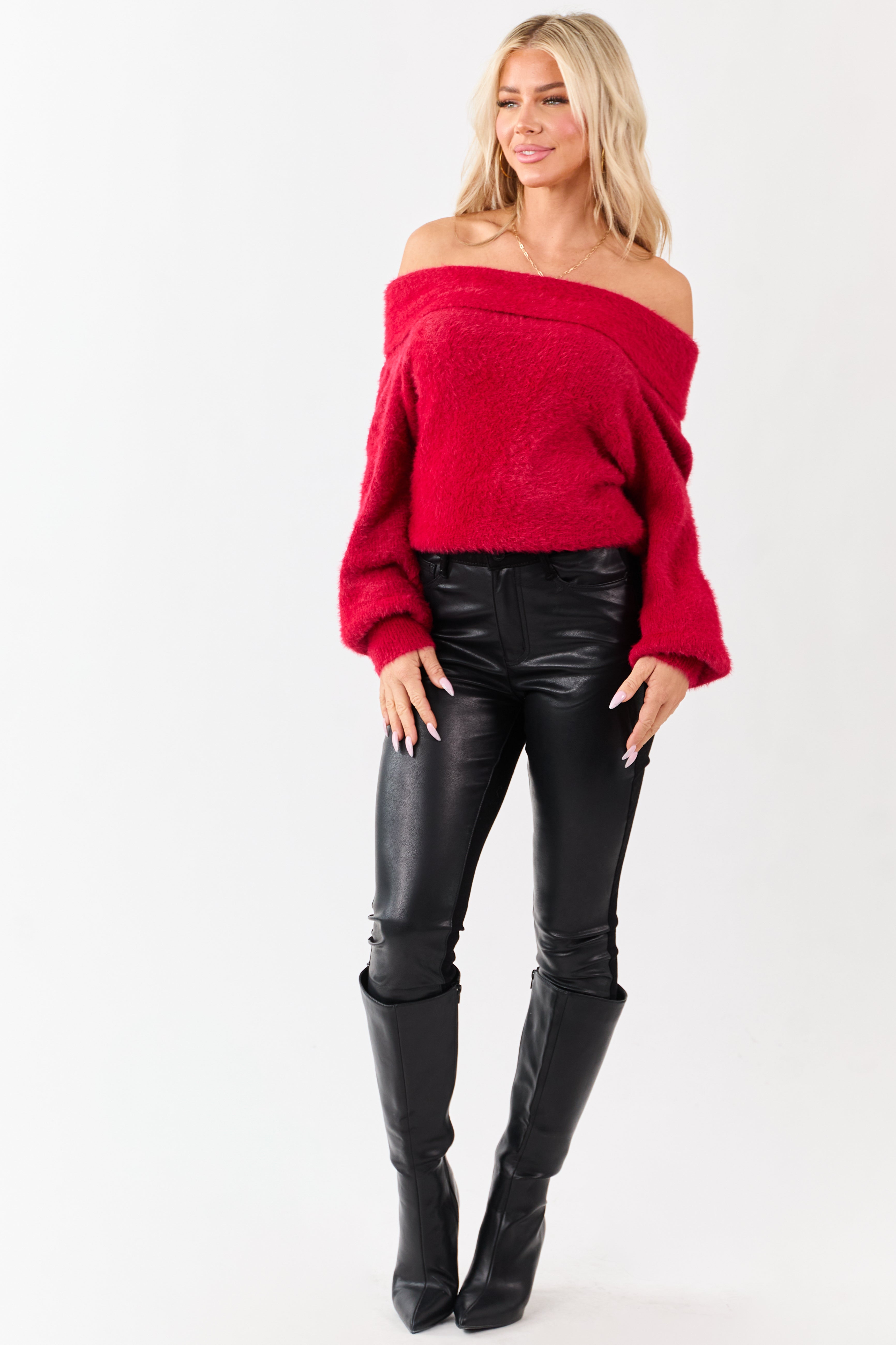 Cherry Eyelash Knit Off Shoulder Long Sleeve Sweater