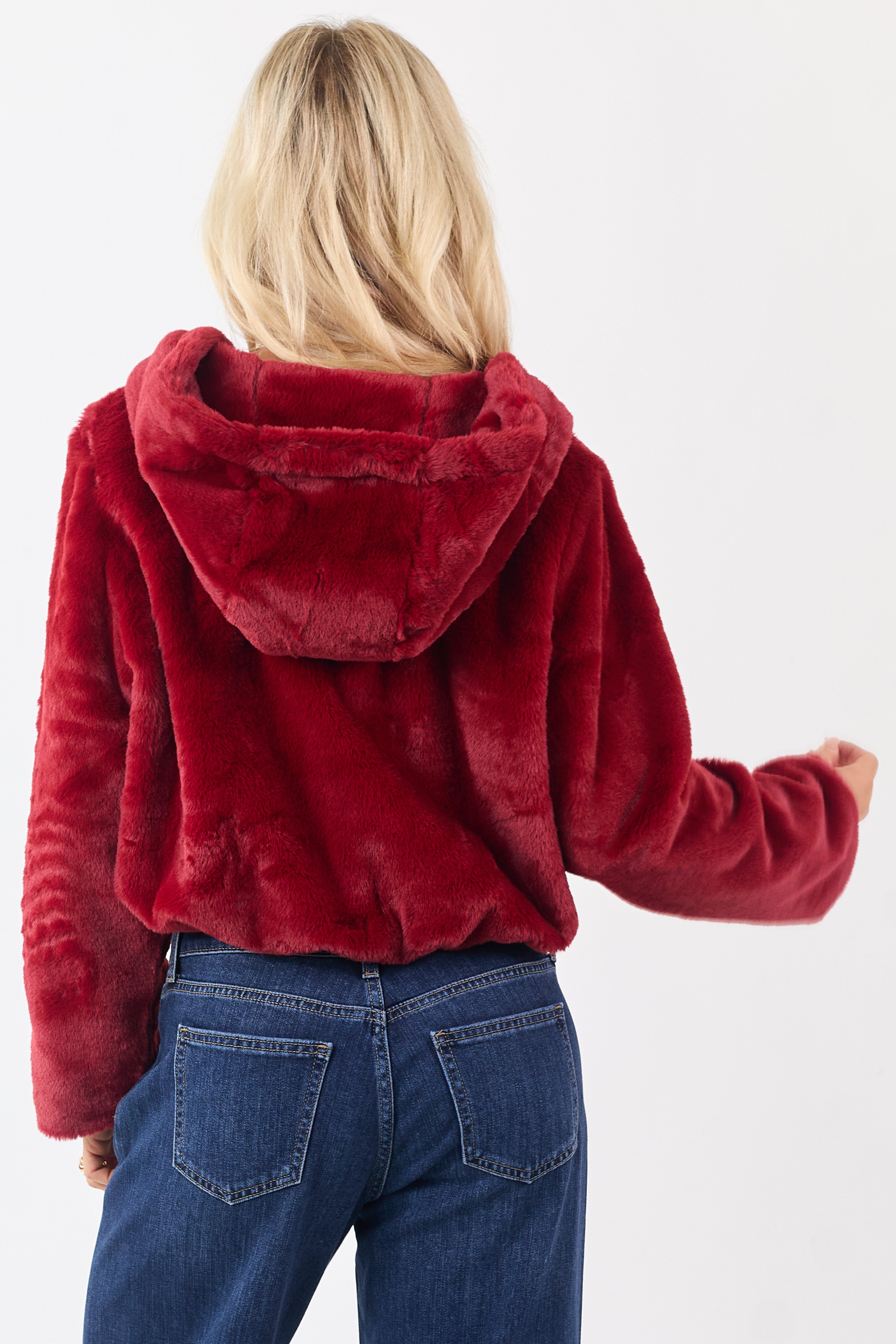 Cherry Faux Fur Hooded Zip Up Jacket
