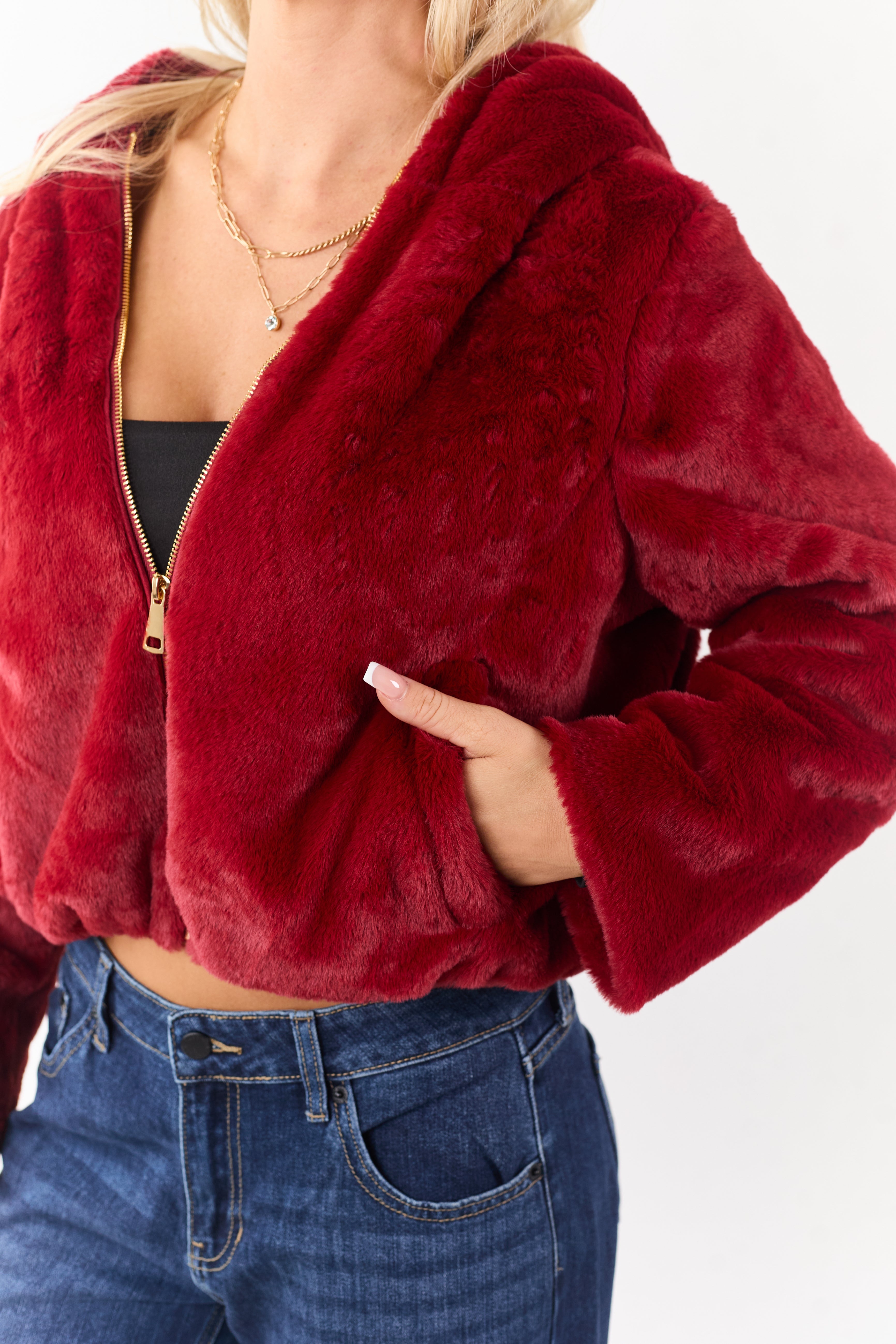 Cherry Faux Fur Hooded Zip Up Jacket