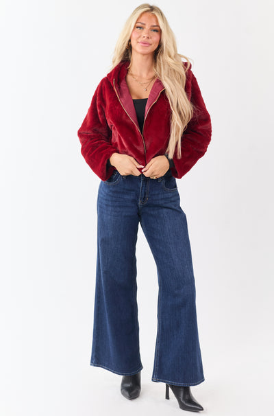 Cherry Faux Fur Hooded Zip Up Jacket