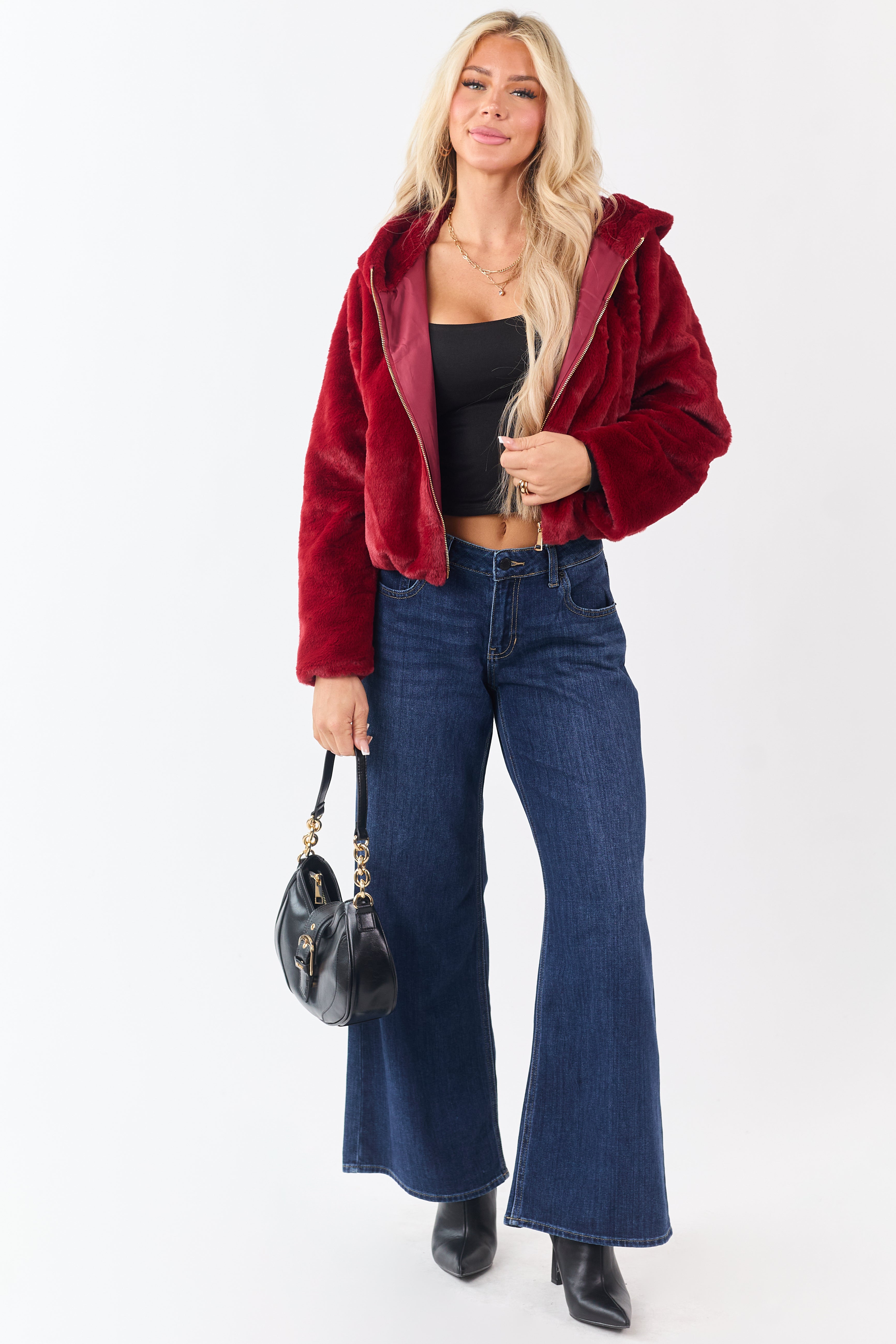 Cherry Faux Fur Hooded Zip Up Jacket