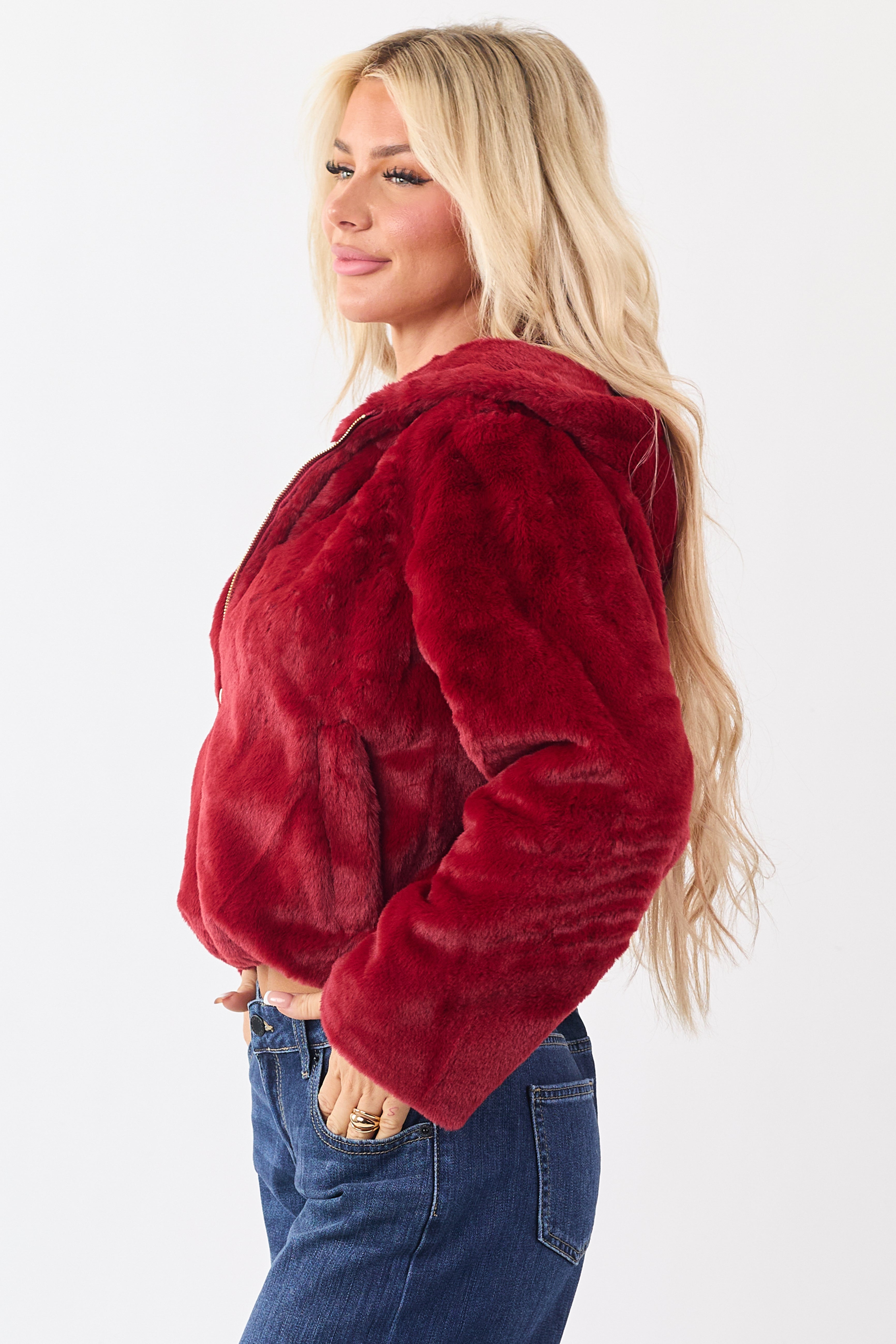 Cherry Faux Fur Hooded Zip Up Jacket