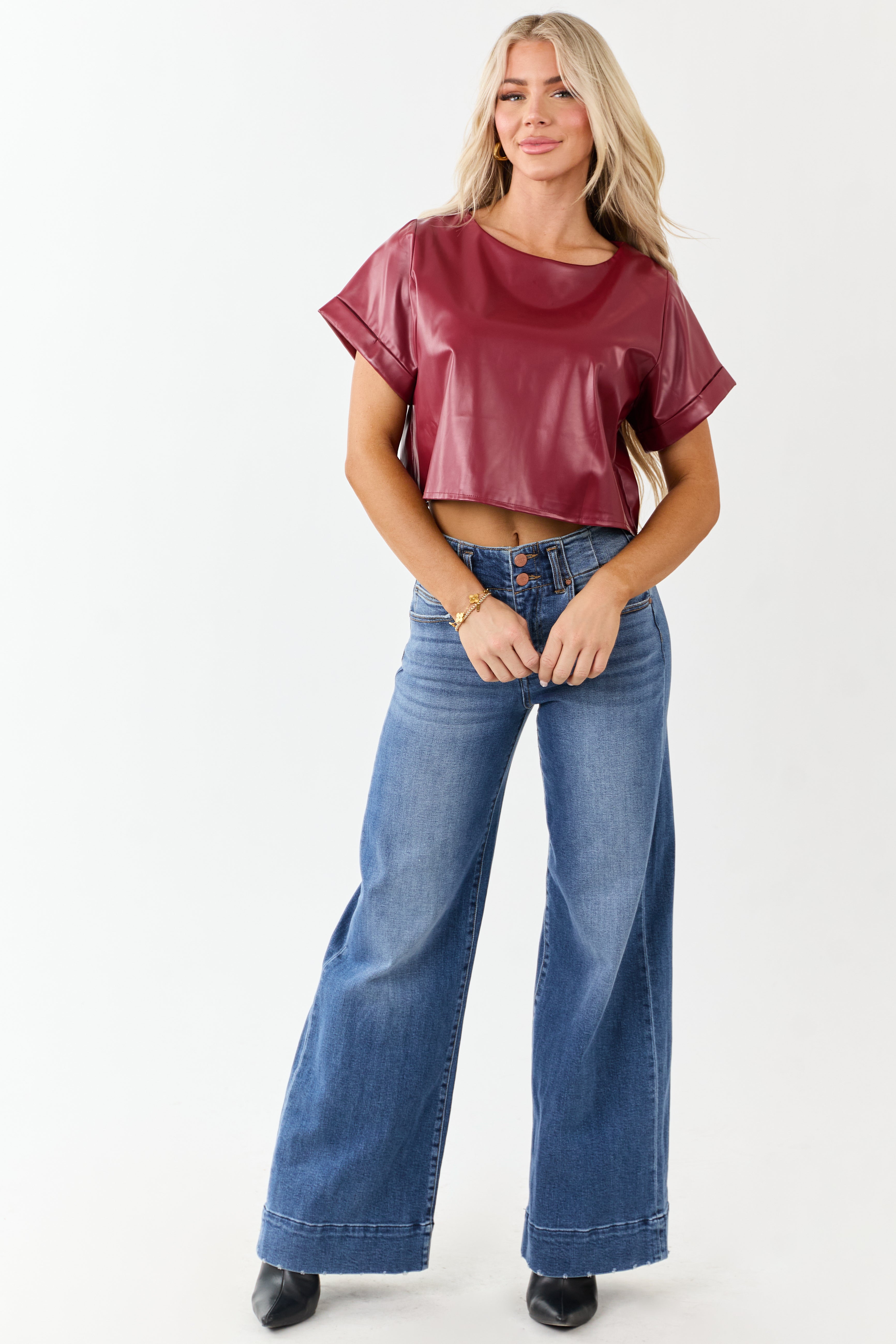 Cherry Faux Leather Boxy Fit Crop Top | Lime Lush Boutique