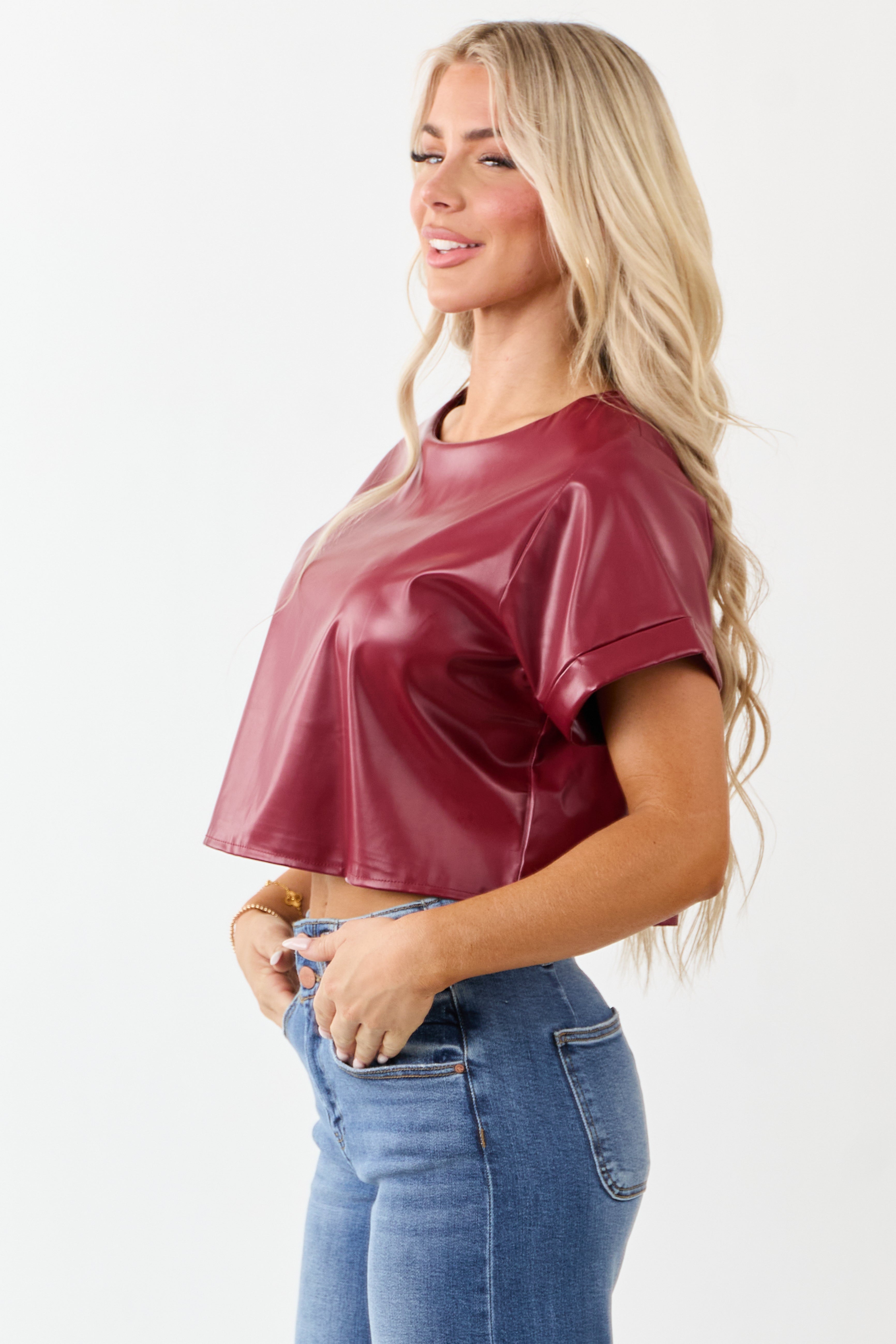 Cherry Faux Leather Boxy Fit Crop Top | Lime Lush Boutique