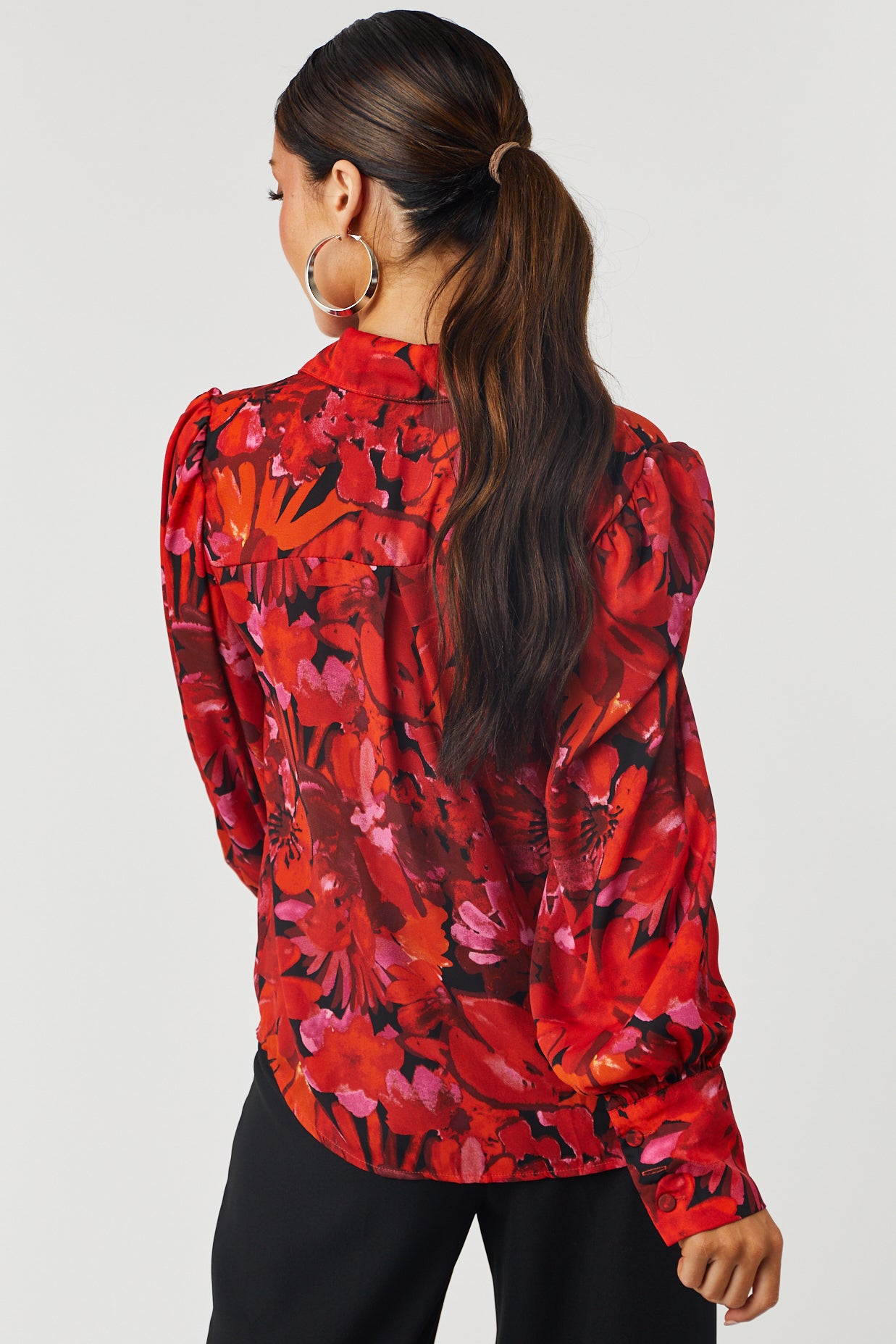 Cherry Floral Print Long Sleeve Button Up Top