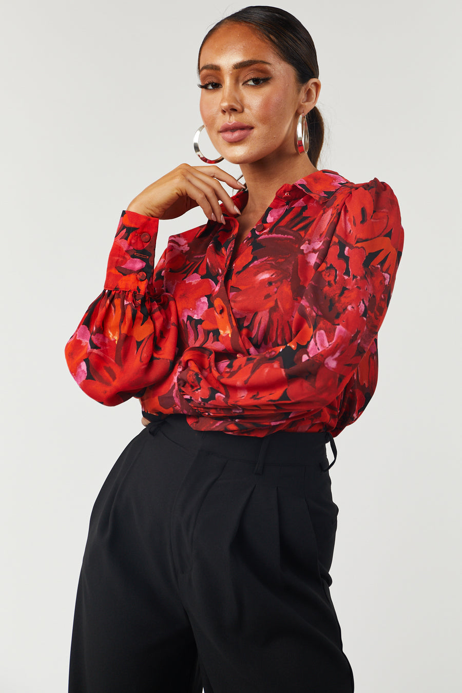 Cherry Floral Print Long Sleeve Button Up Top