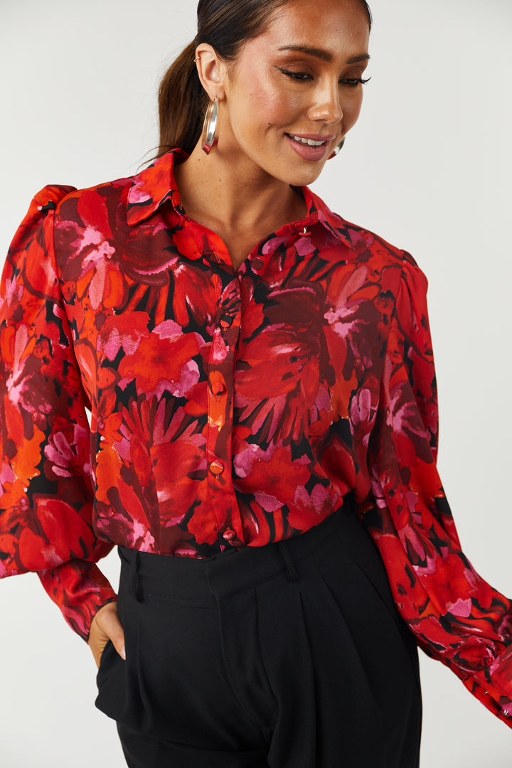 Cherry Floral Print Long Sleeve Button Up Top