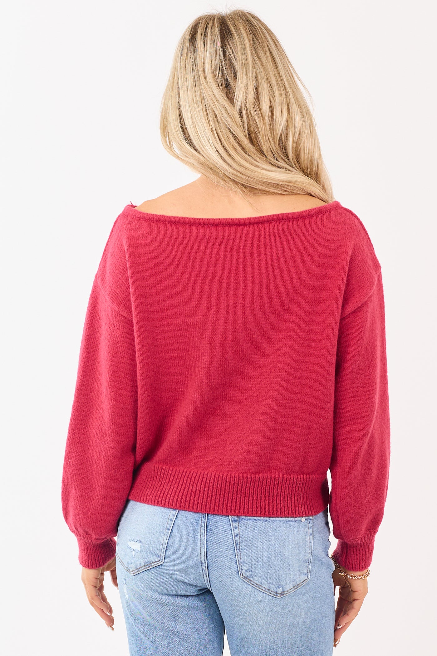 Cherry Heart Graphic Off Shoulder Rib Knit Sweater