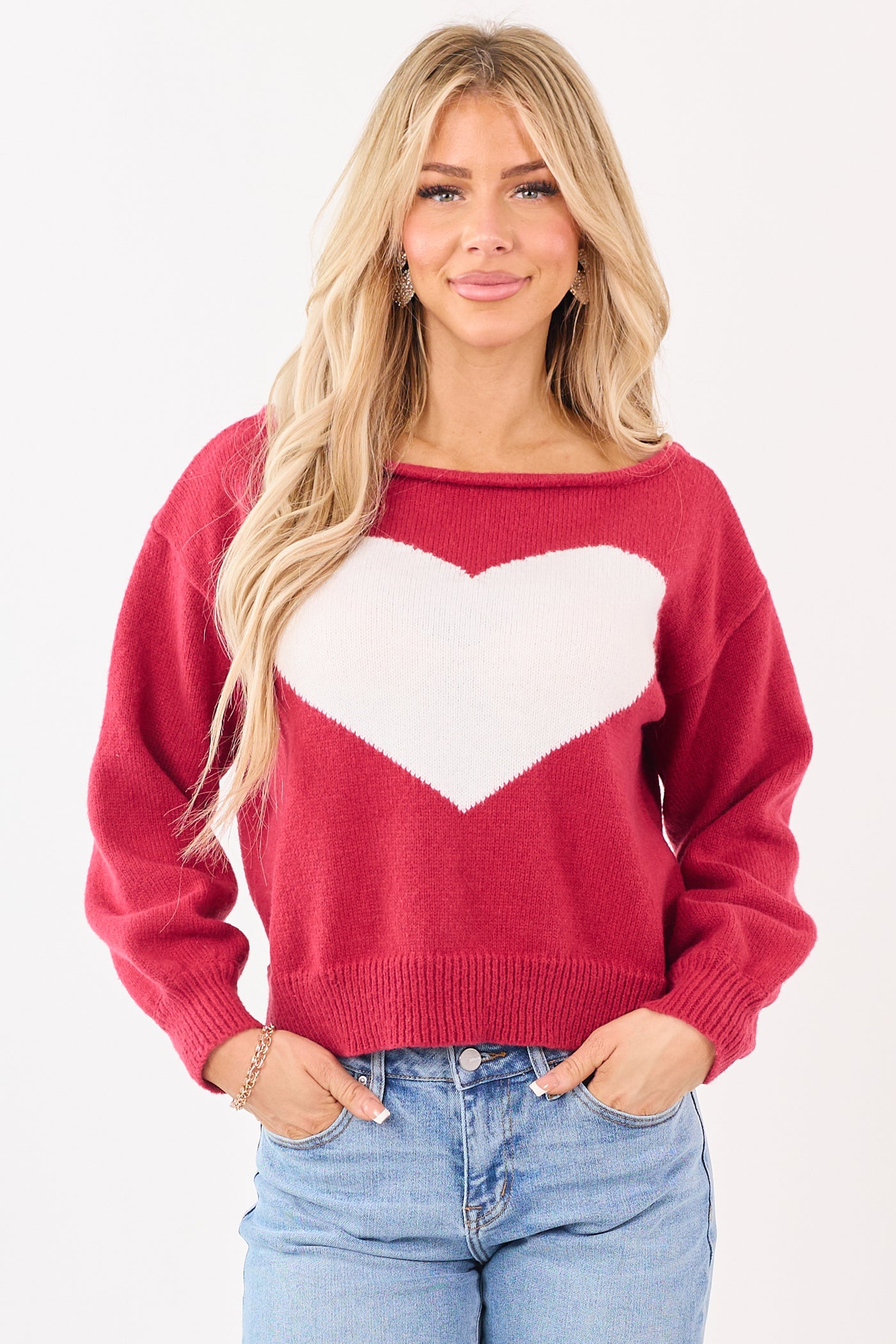 Cherry Heart Graphic Off Shoulder Rib Knit Sweater