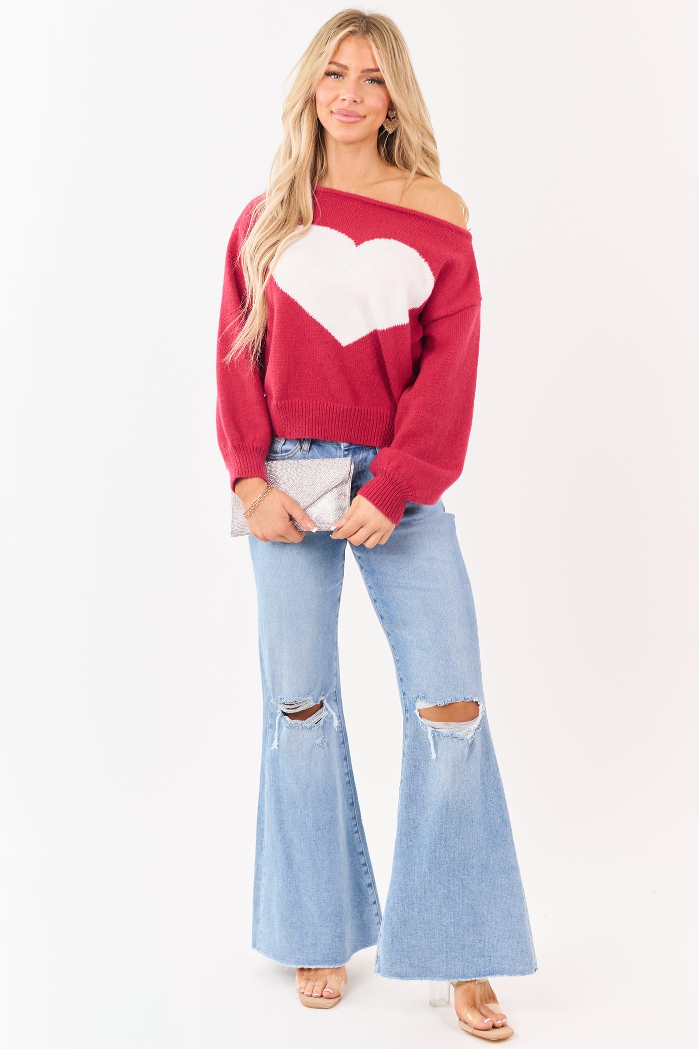 Cherry Heart Graphic Off Shoulder Rib Knit Sweater