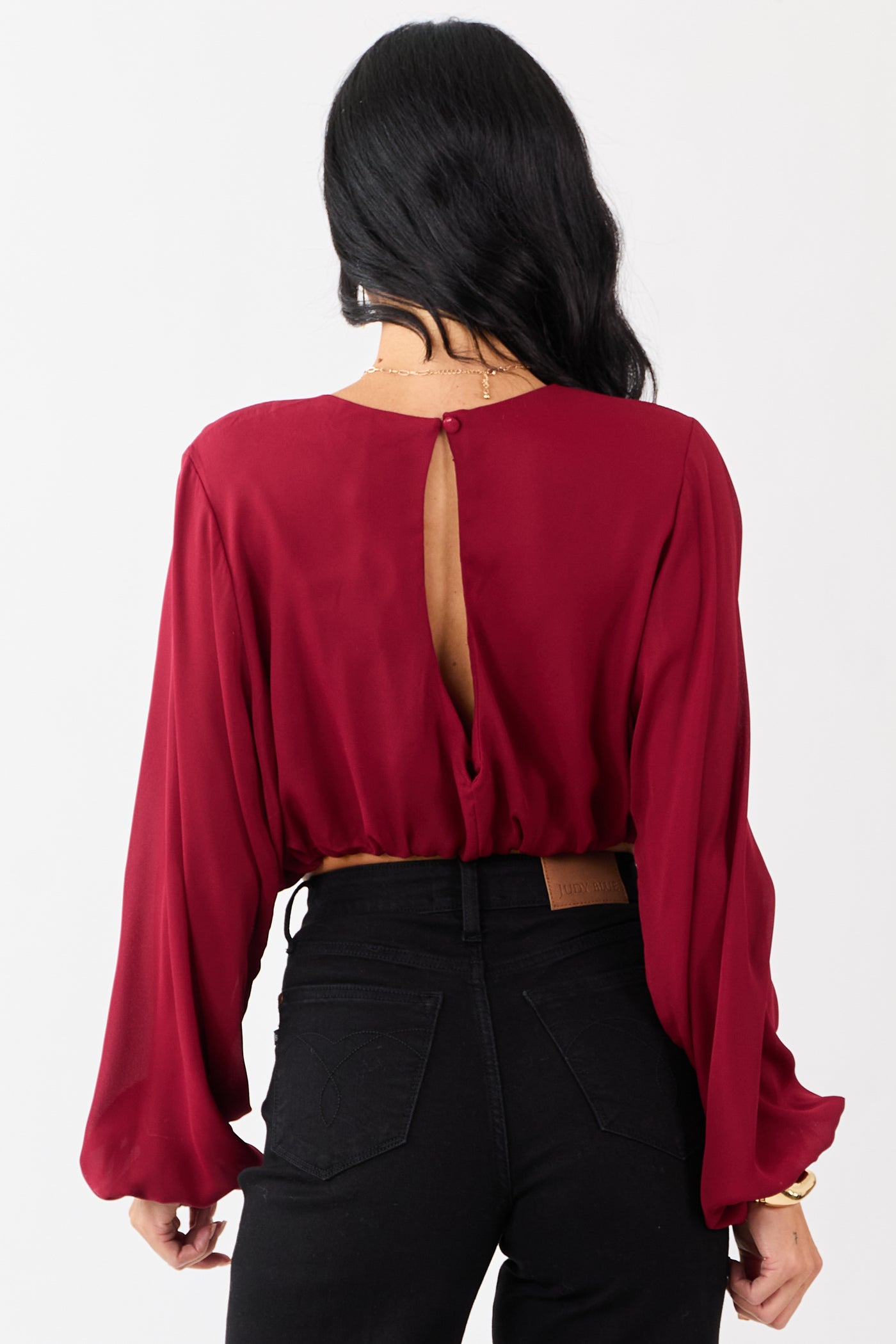 Cherry Long Puff Sleeve Bubble Hem Crop Top