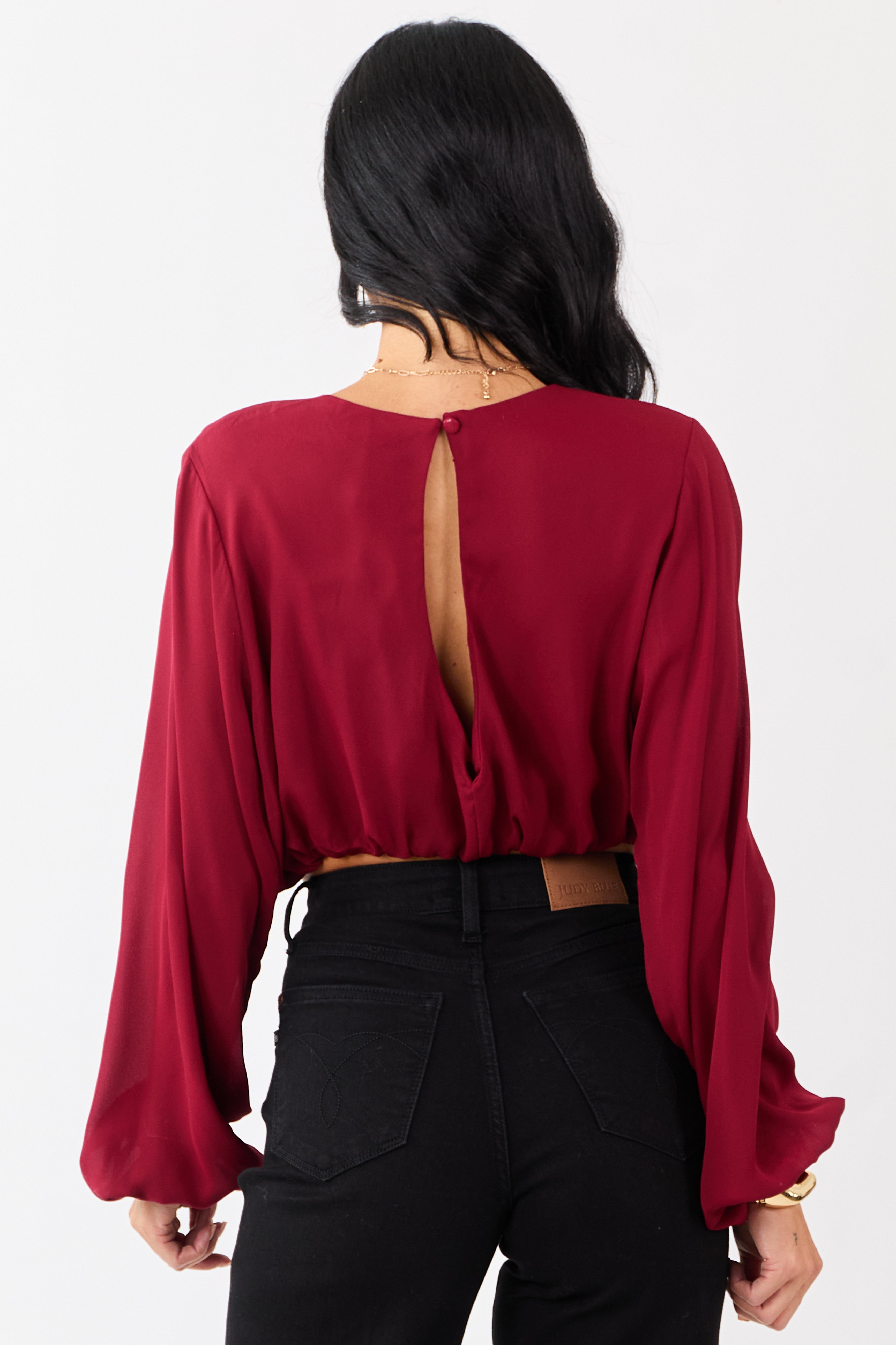 Cherry Long Puff Sleeve Bubble Hem Crop Top