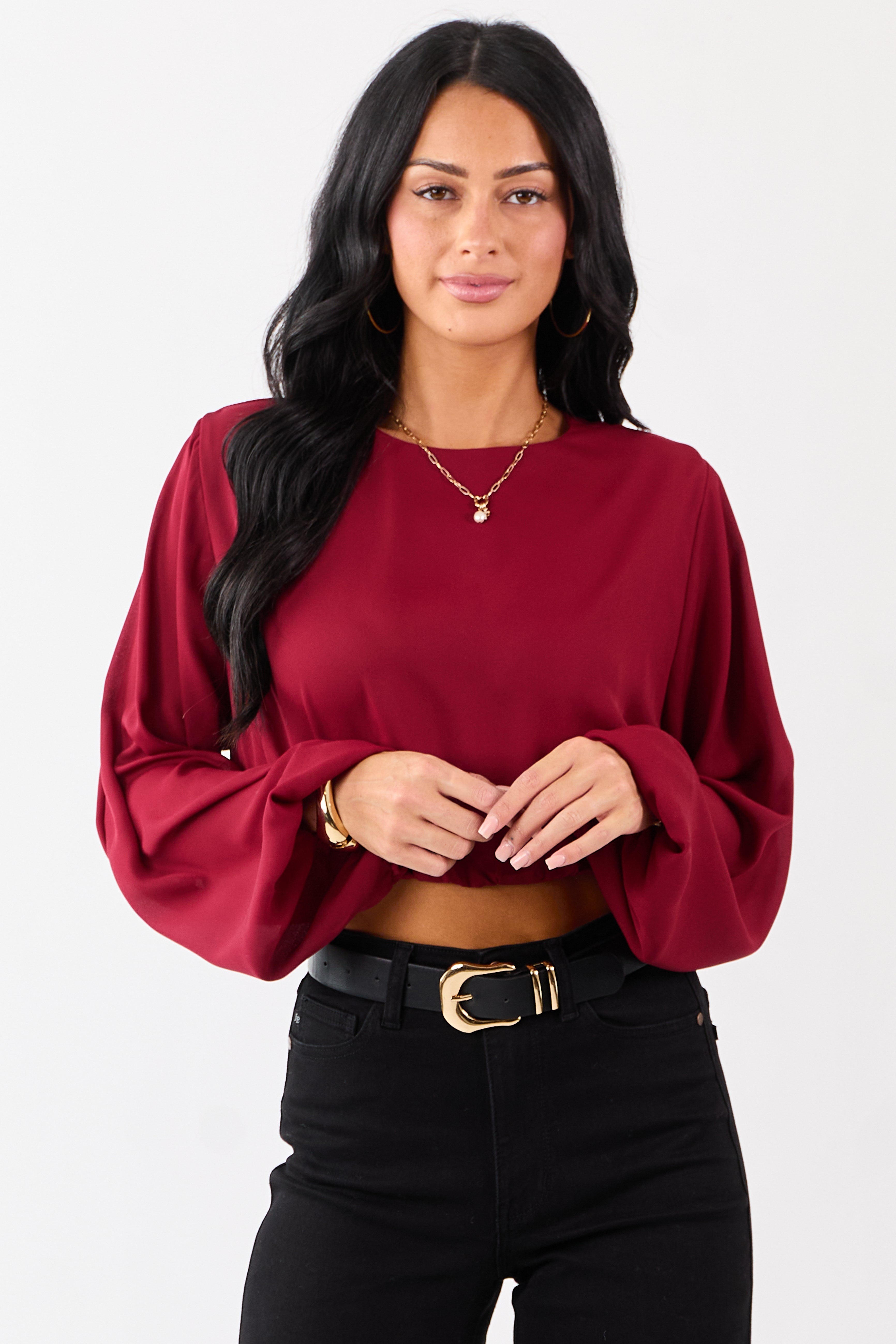Cherry Long Puff Sleeve Bubble Hem Crop Top