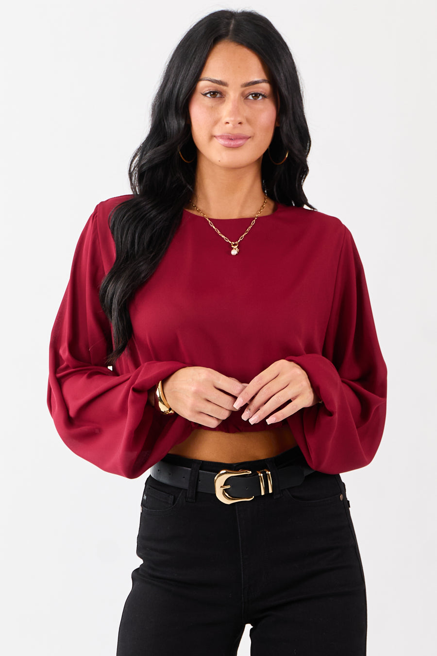 Cherry Long Puff Sleeve Bubble Hem Crop Top