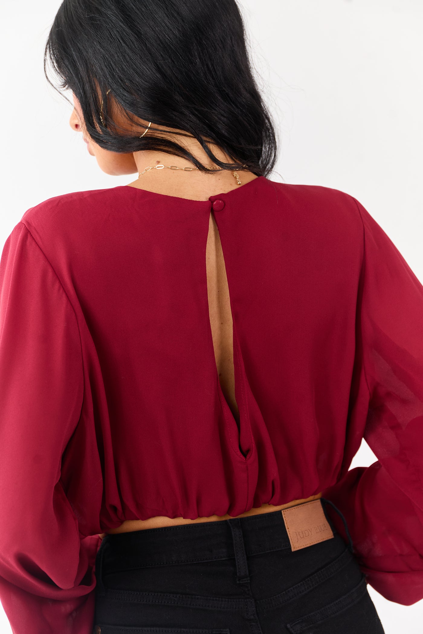 Cherry Long Puff Sleeve Bubble Hem Crop Top
