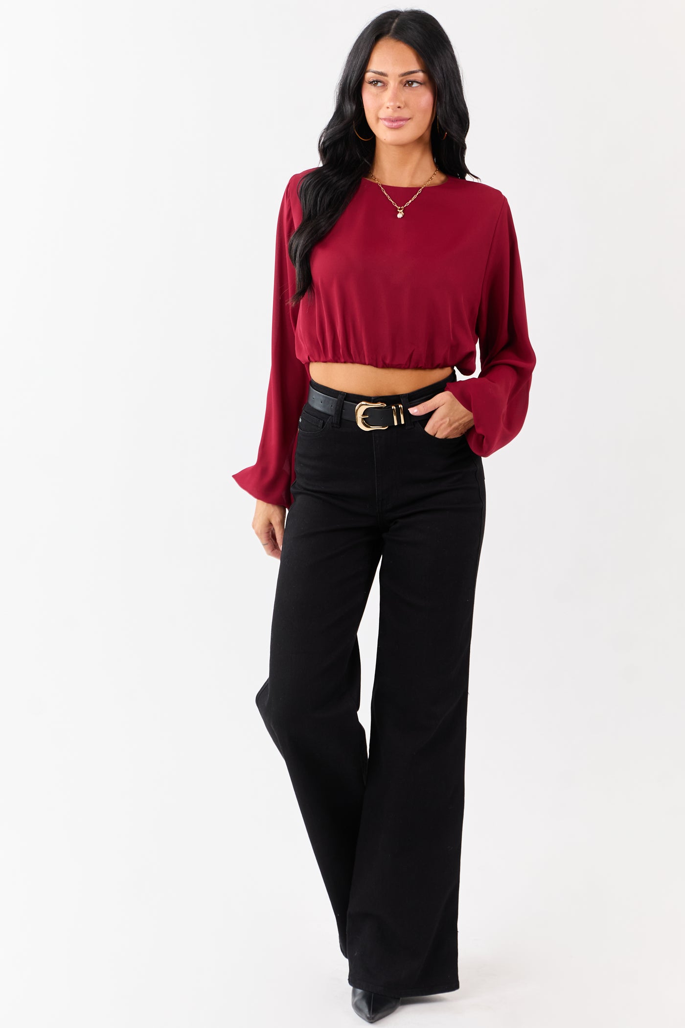 Cherry Long Puff Sleeve Bubble Hem Crop Top