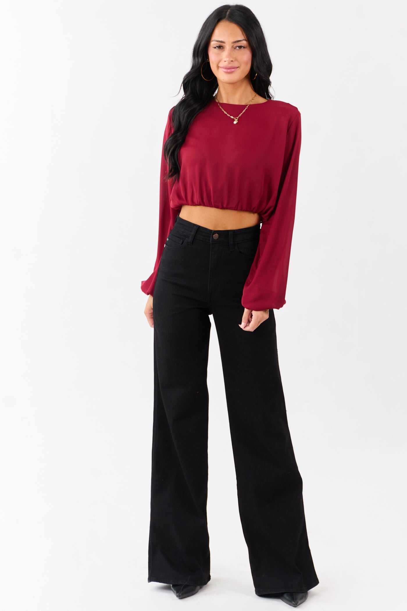Cherry Long Puff Sleeve Bubble Hem Crop Top