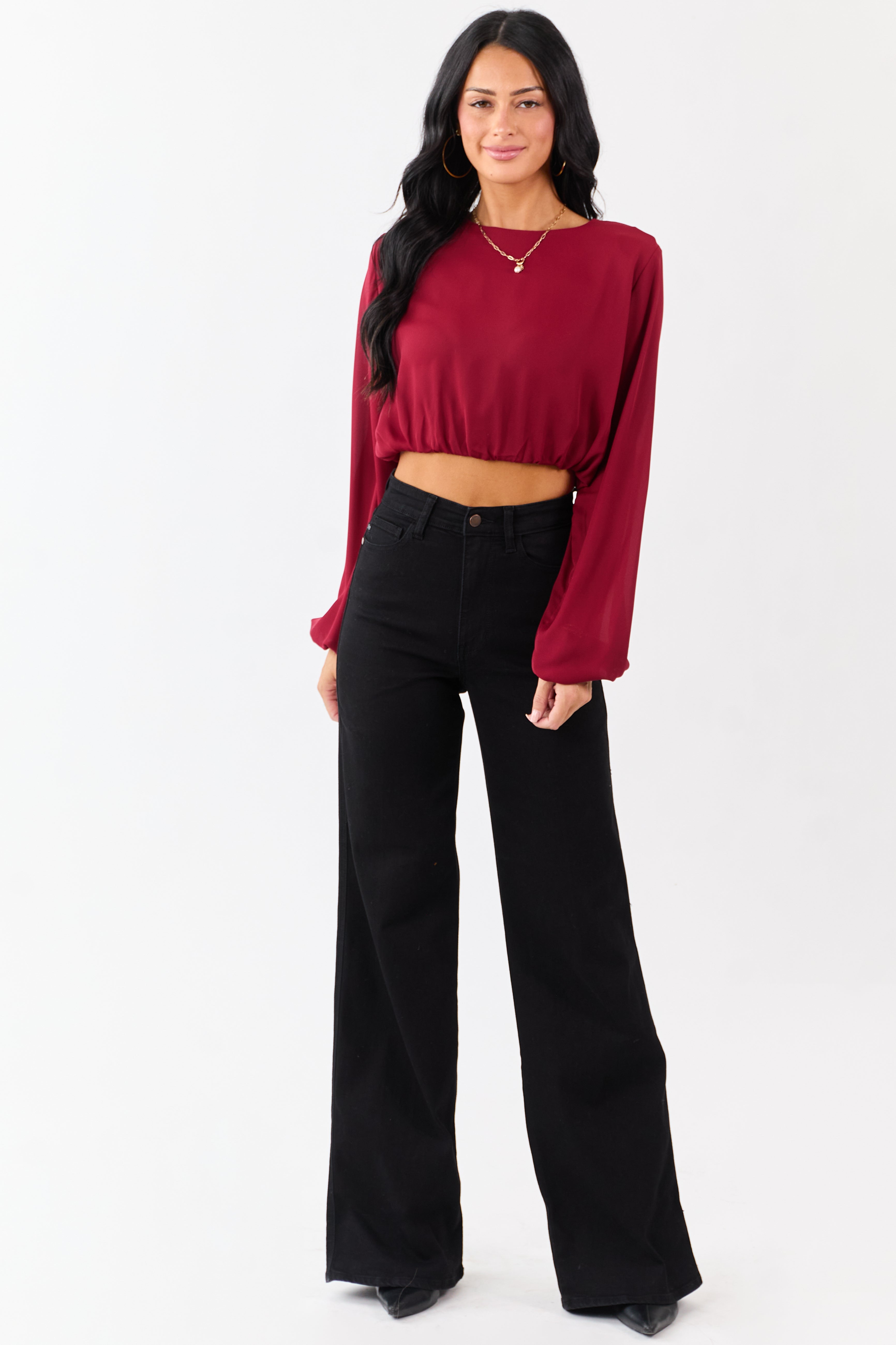 Cherry Long Puff Sleeve Bubble Hem Crop Top
