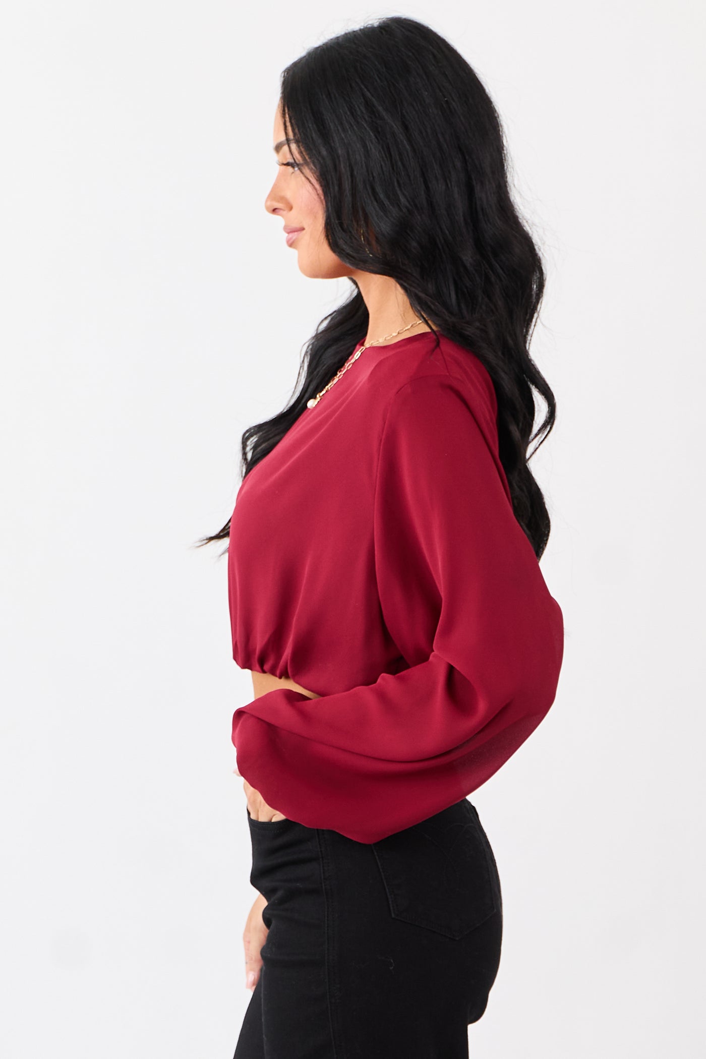 Cherry Long Puff Sleeve Bubble Hem Crop Top