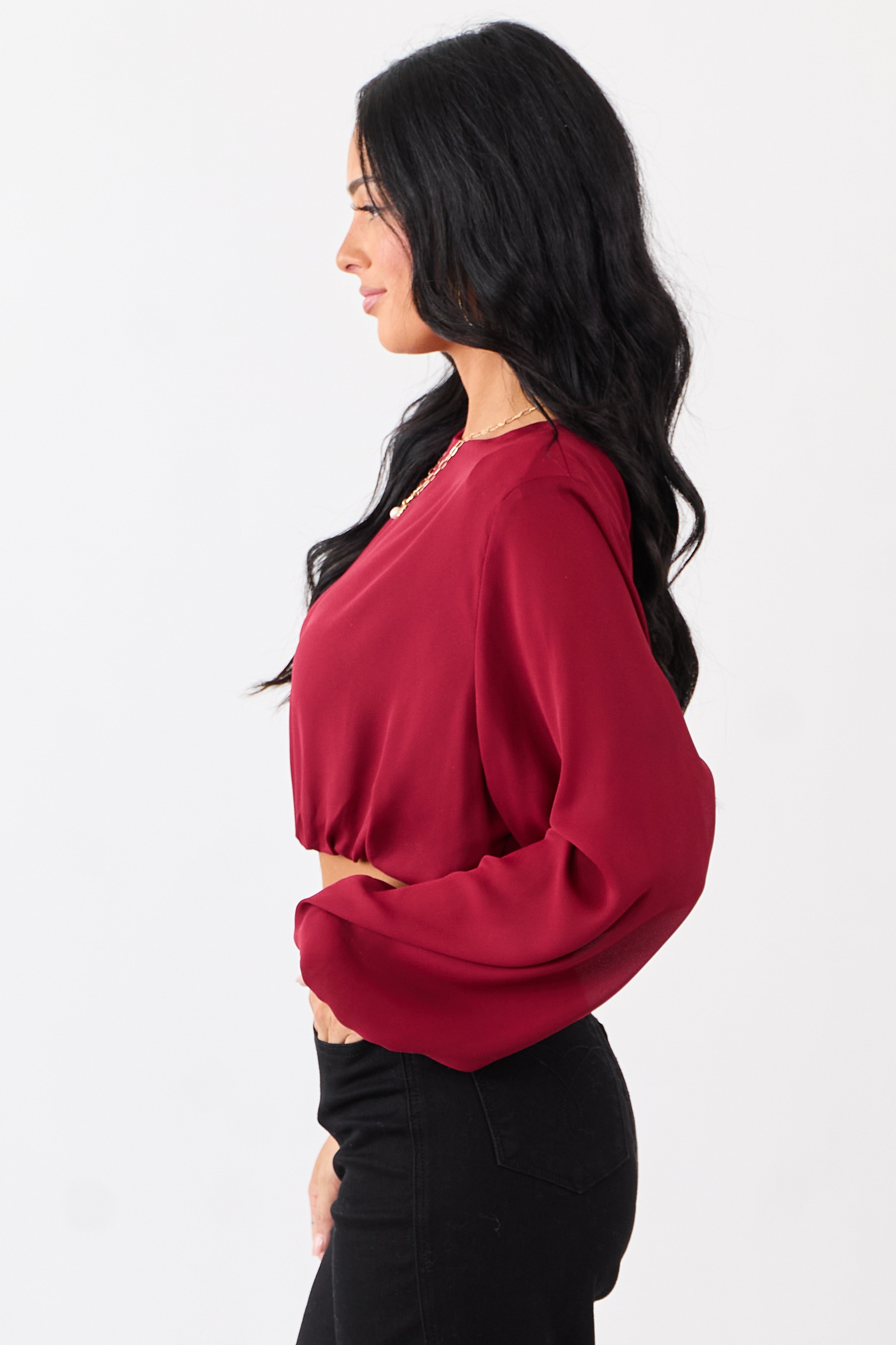 Cherry Long Puff Sleeve Bubble Hem Crop Top