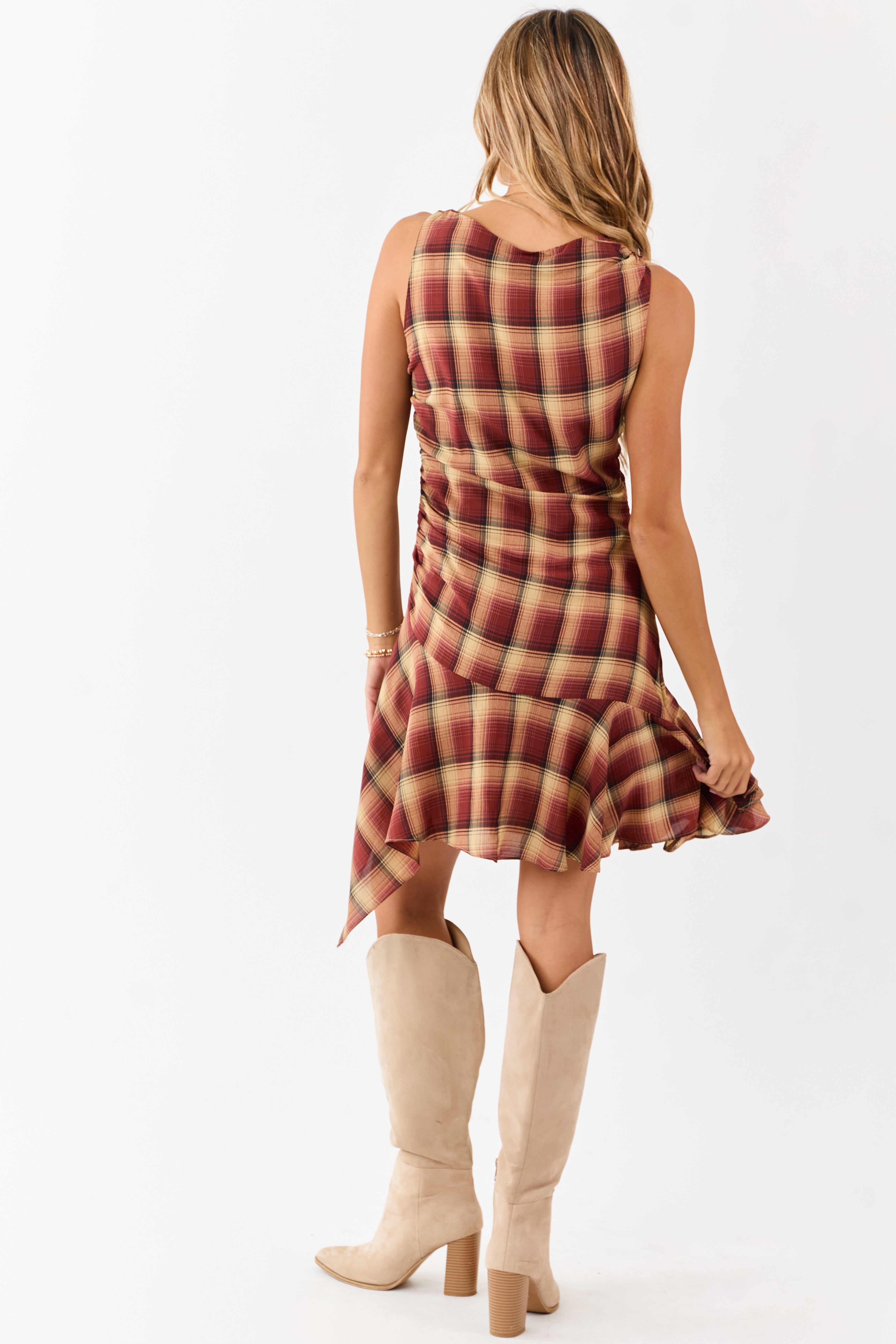 Cherry Plaid Ruched Side Sleeveless Mini Dress