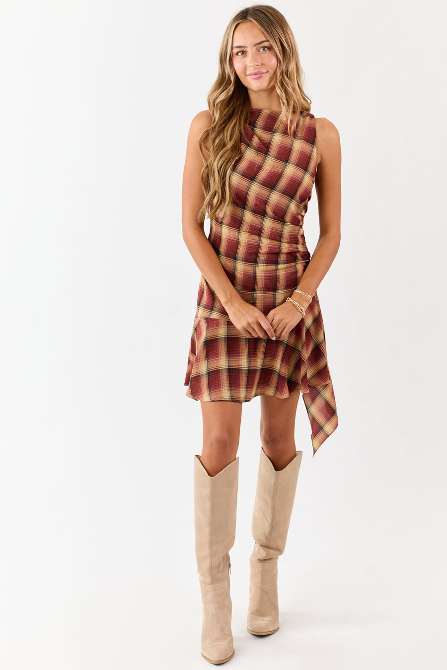 Cherry Plaid Ruched Side Sleeveless Mini Dress