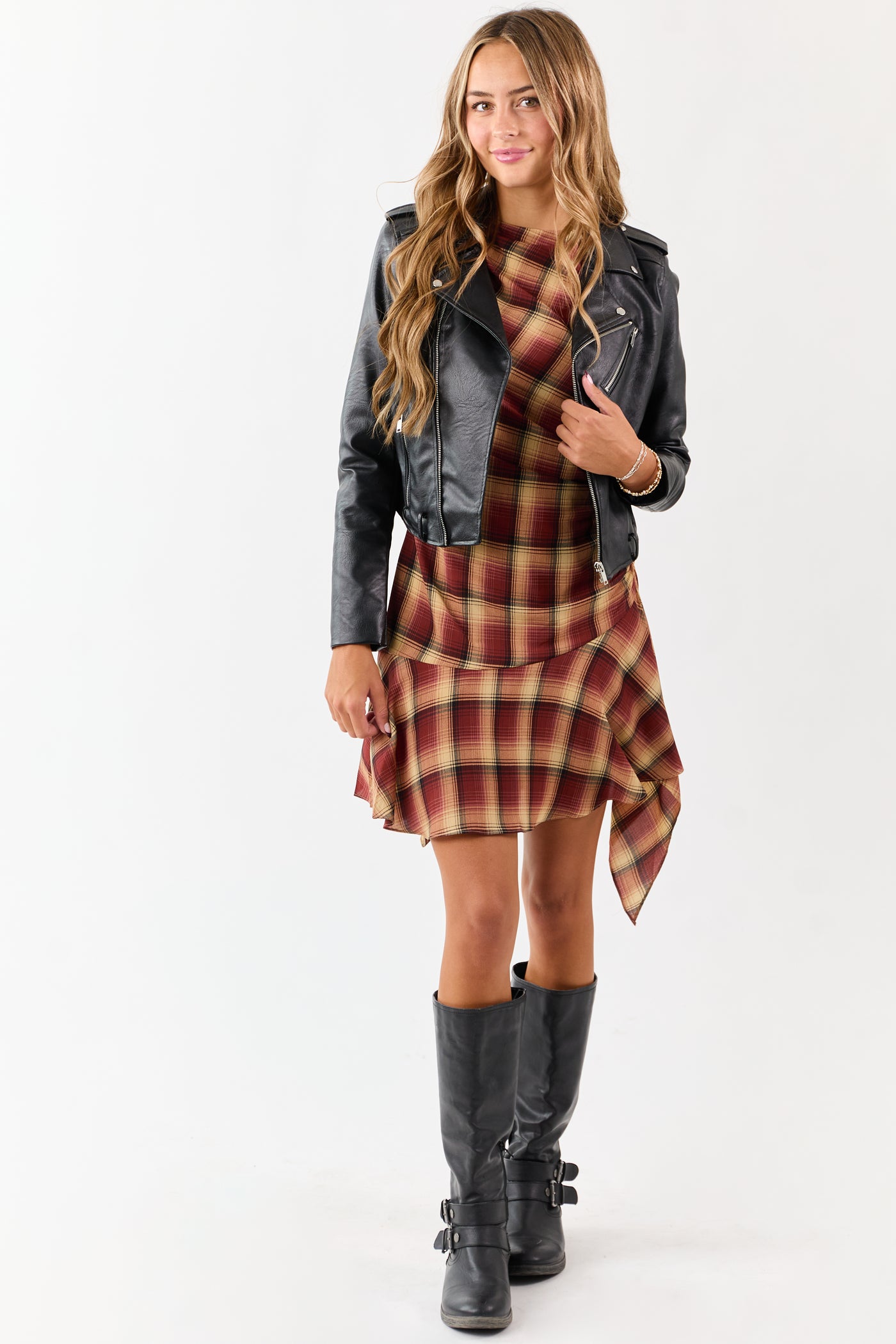 Cherry Plaid Ruched Side Sleeveless Mini Dress