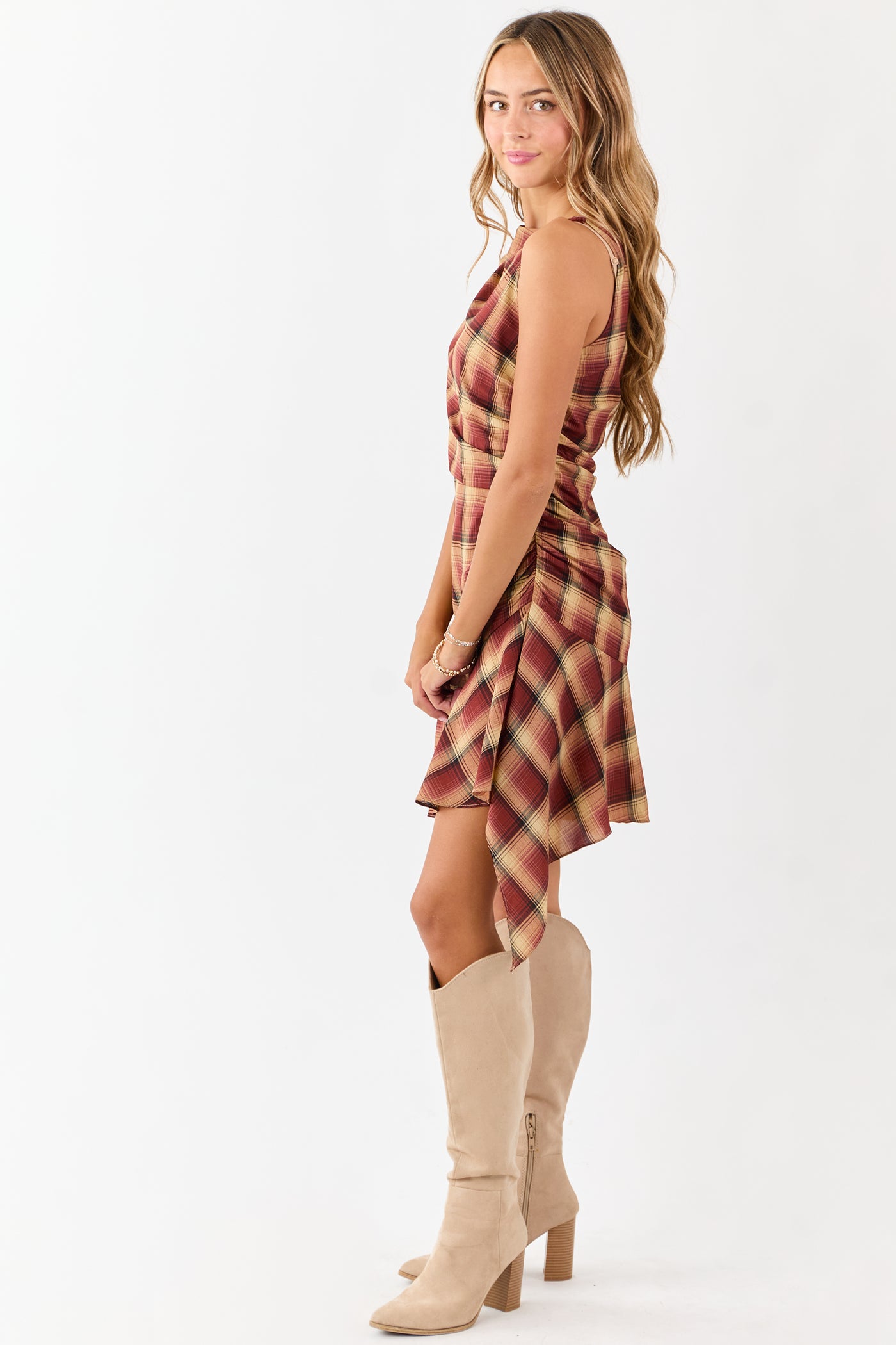 Cherry Plaid Ruched Side Sleeveless Mini Dress