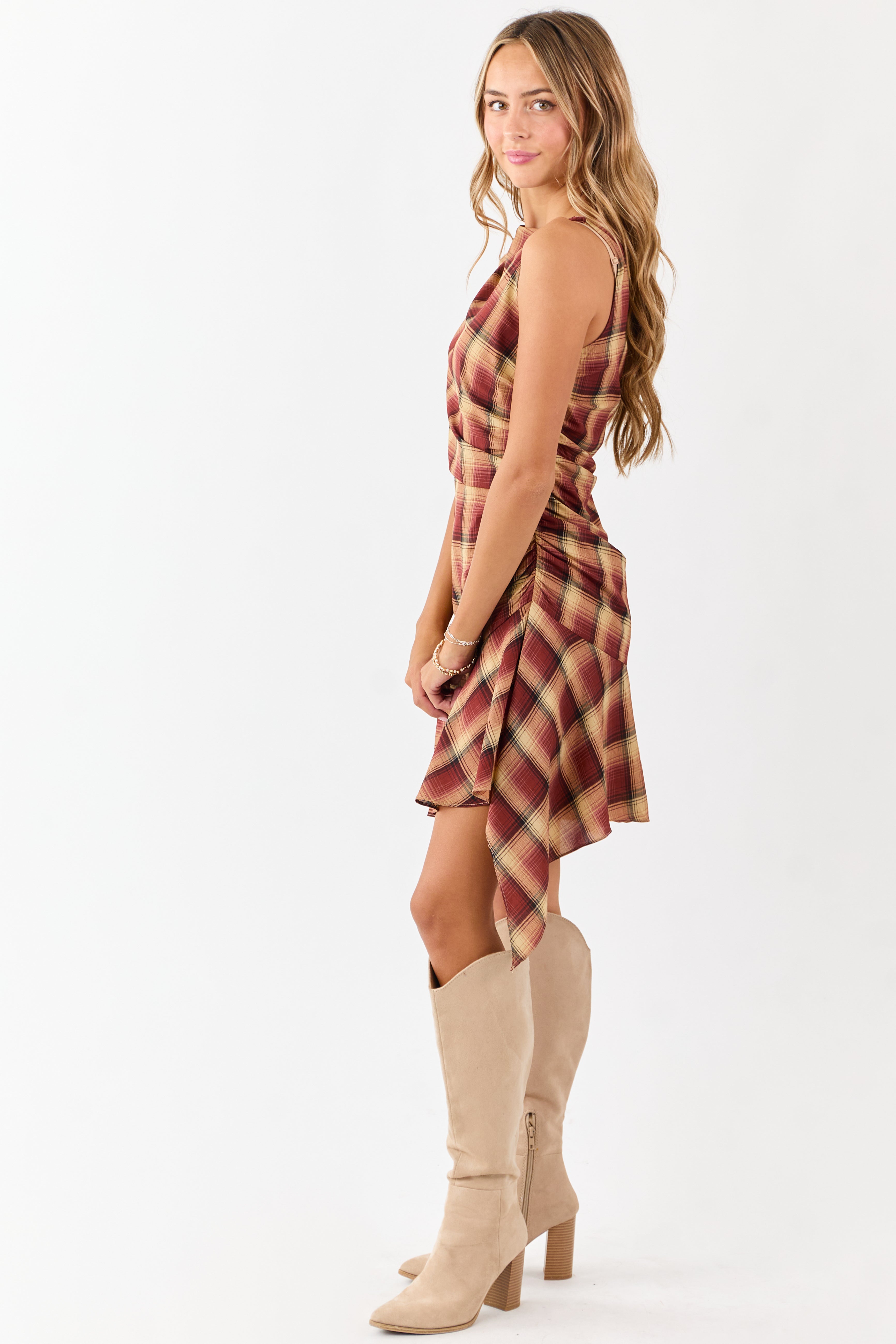 Cherry Plaid Ruched Side Sleeveless Mini Dress