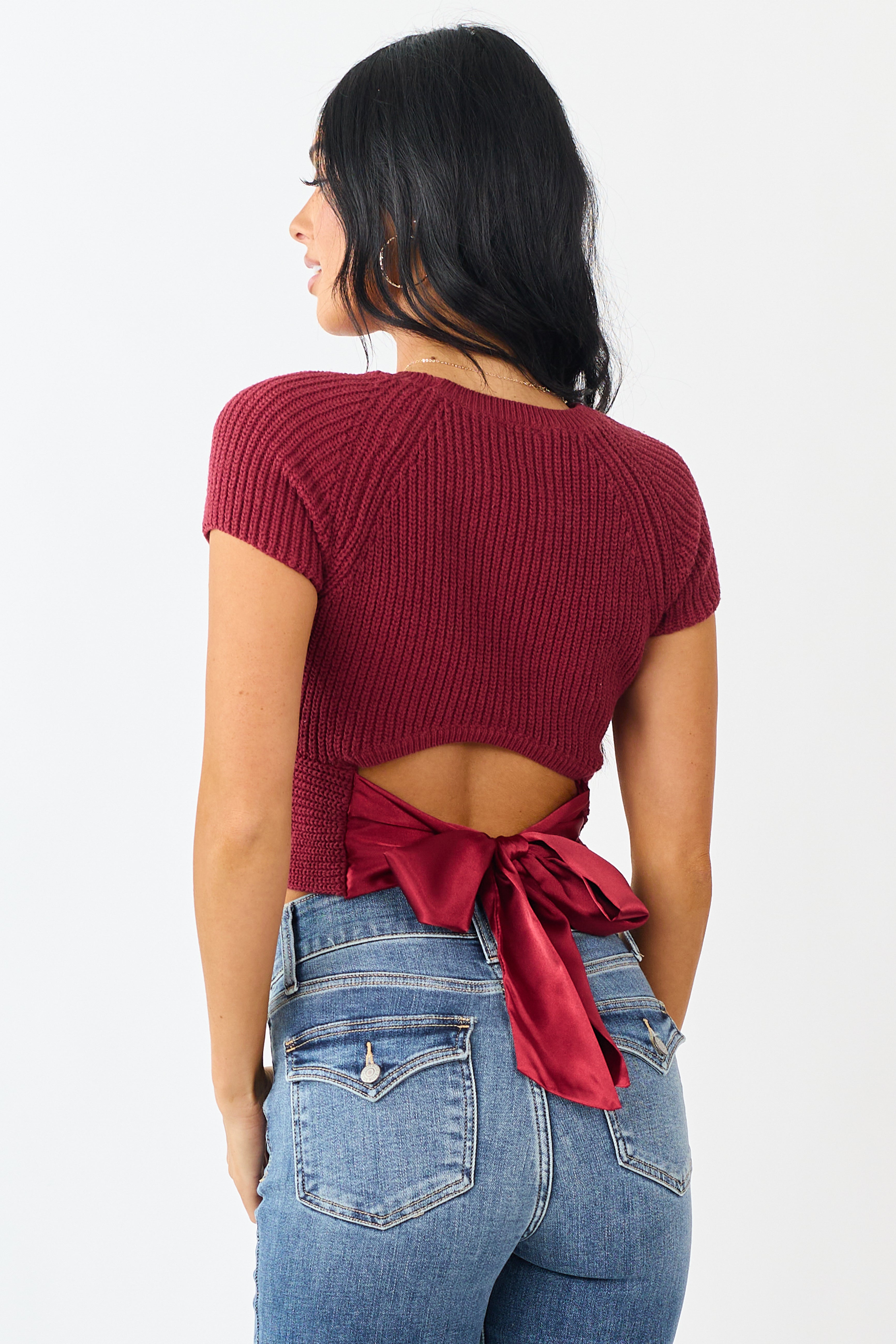 Cherry Rib Knit Back Tie Crop Sweater Top