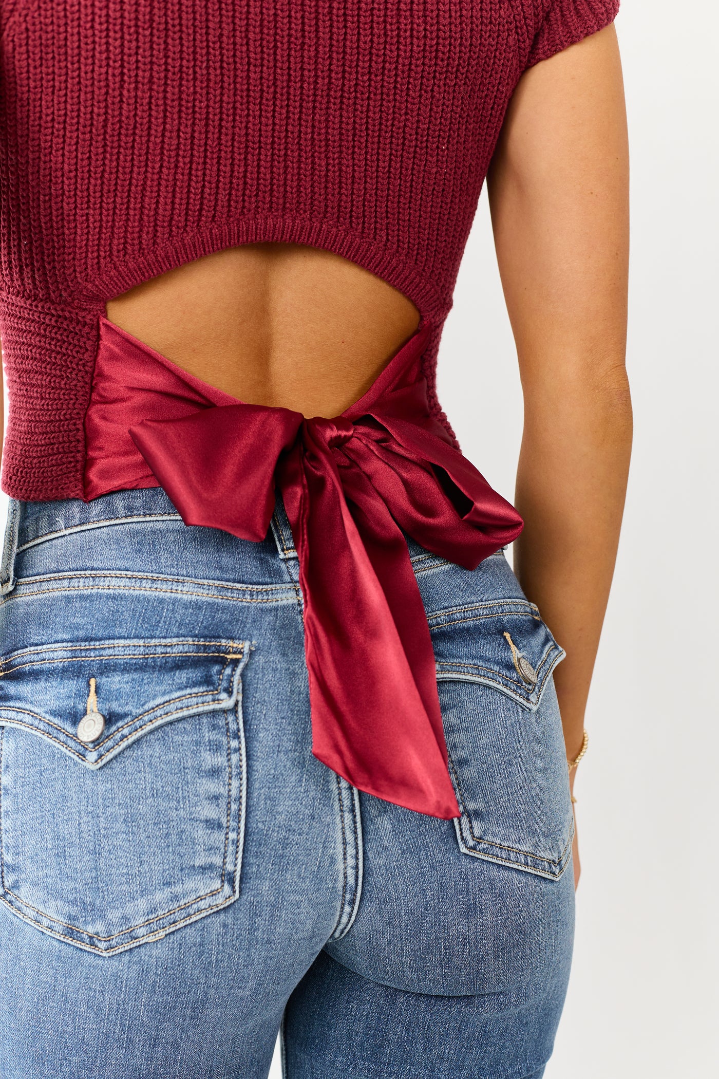 Cherry Rib Knit Back Tie Crop Sweater Top