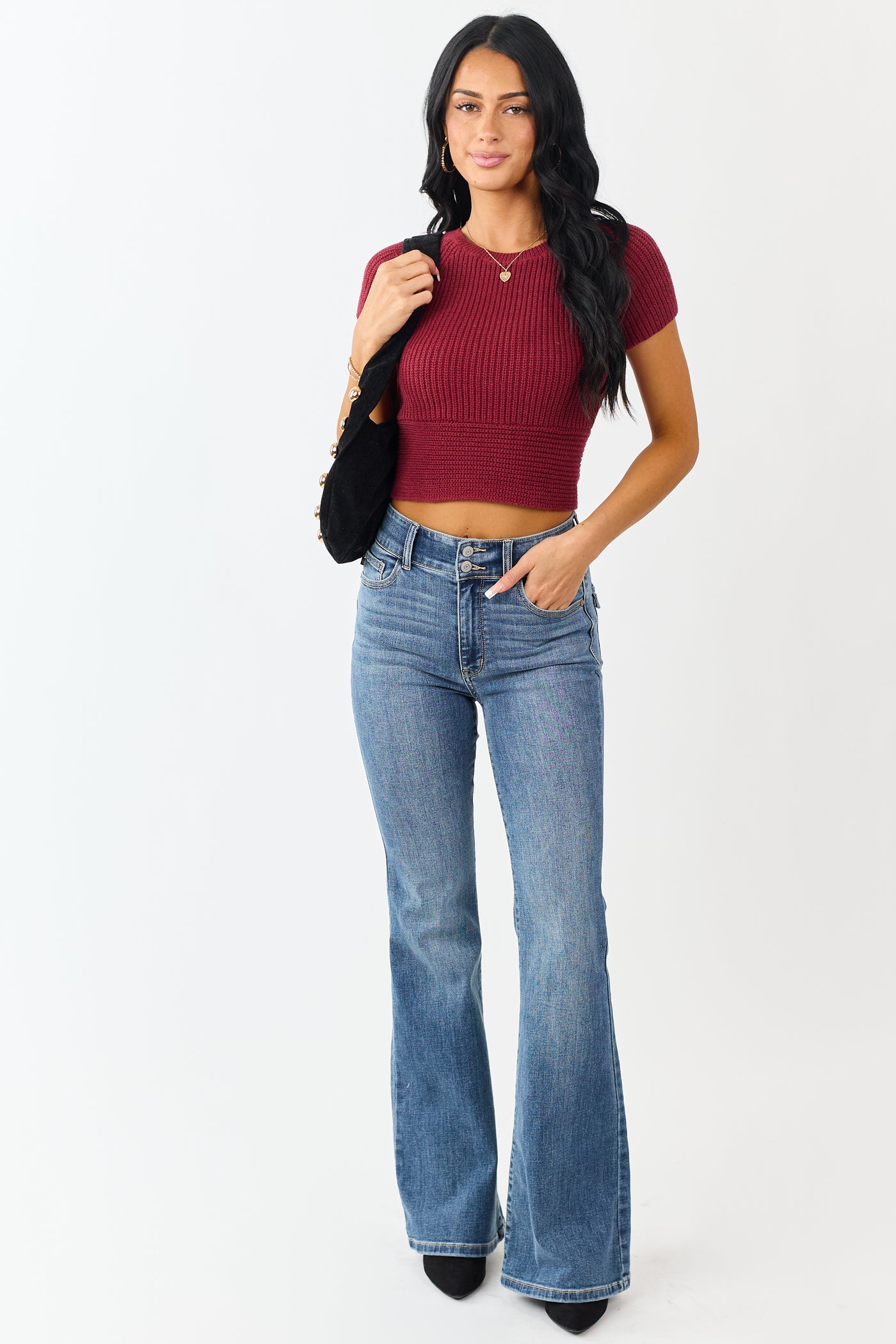 Cherry Rib Knit Back Tie Crop Sweater Top