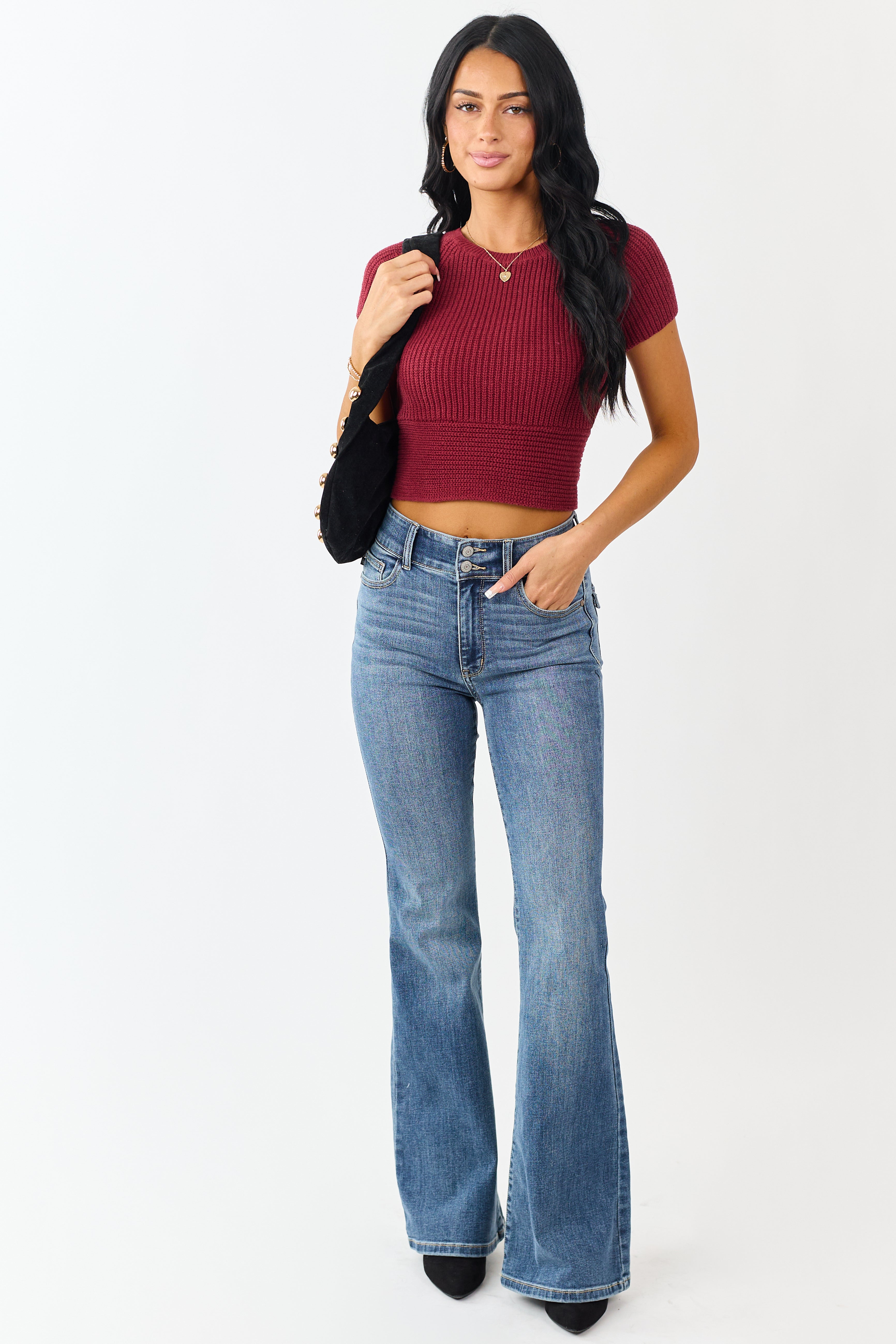 Cherry Rib Knit Back Tie Crop Sweater Top