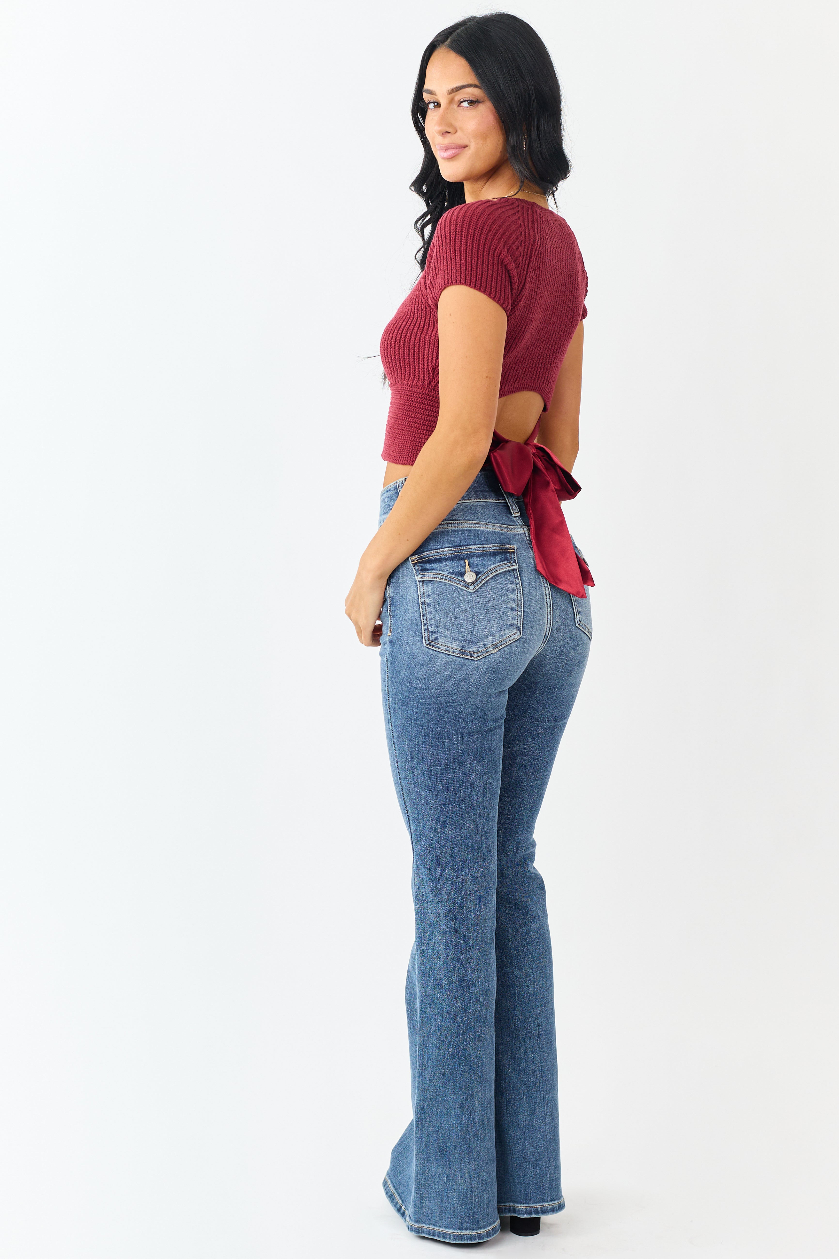 Cherry Rib Knit Back Tie Crop Sweater Top