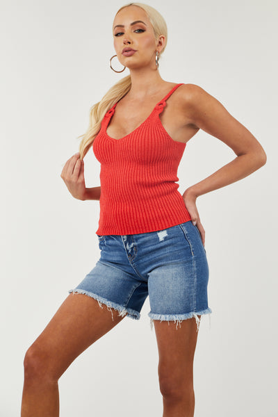 Cherry Ring Strap V Neck Ribbed Knit Tank Top