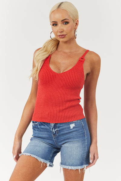 Cherry Ring Strap V Neck Ribbed Knit Tank Top