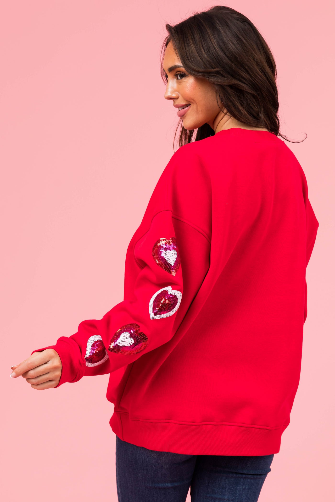 Cherry Sequin Heart Sleeve Fleece Sweatshirt