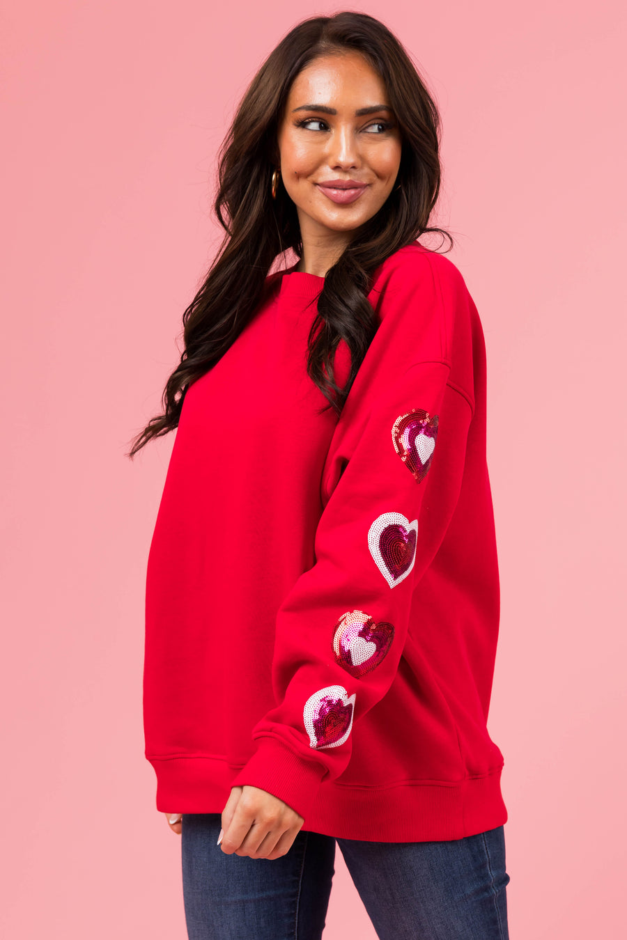 Cherry Sequin Heart Sleeve Fleece Sweatshirt