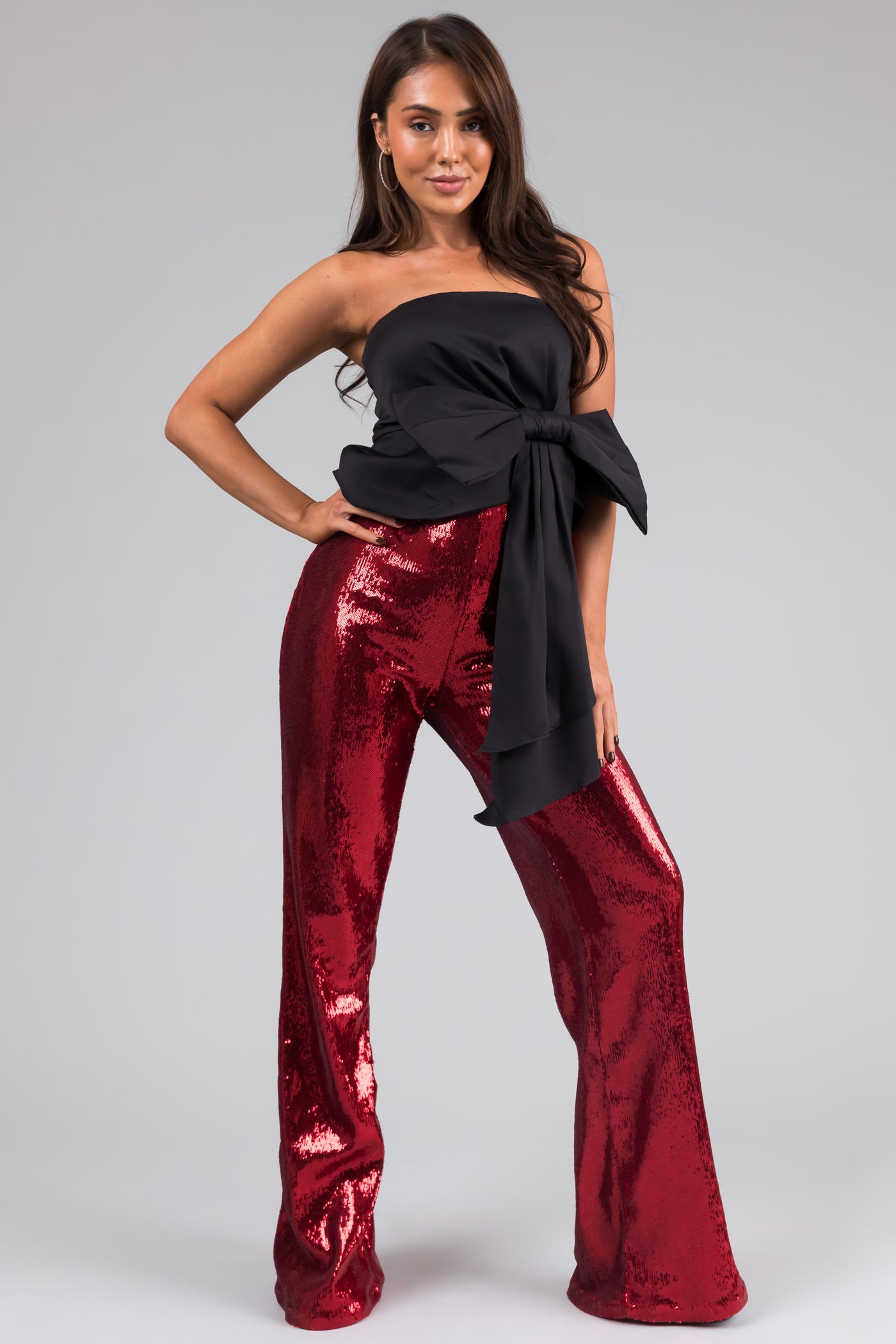 Cherry Sequined Wide Leg High Waisted Pants | Lime Lush