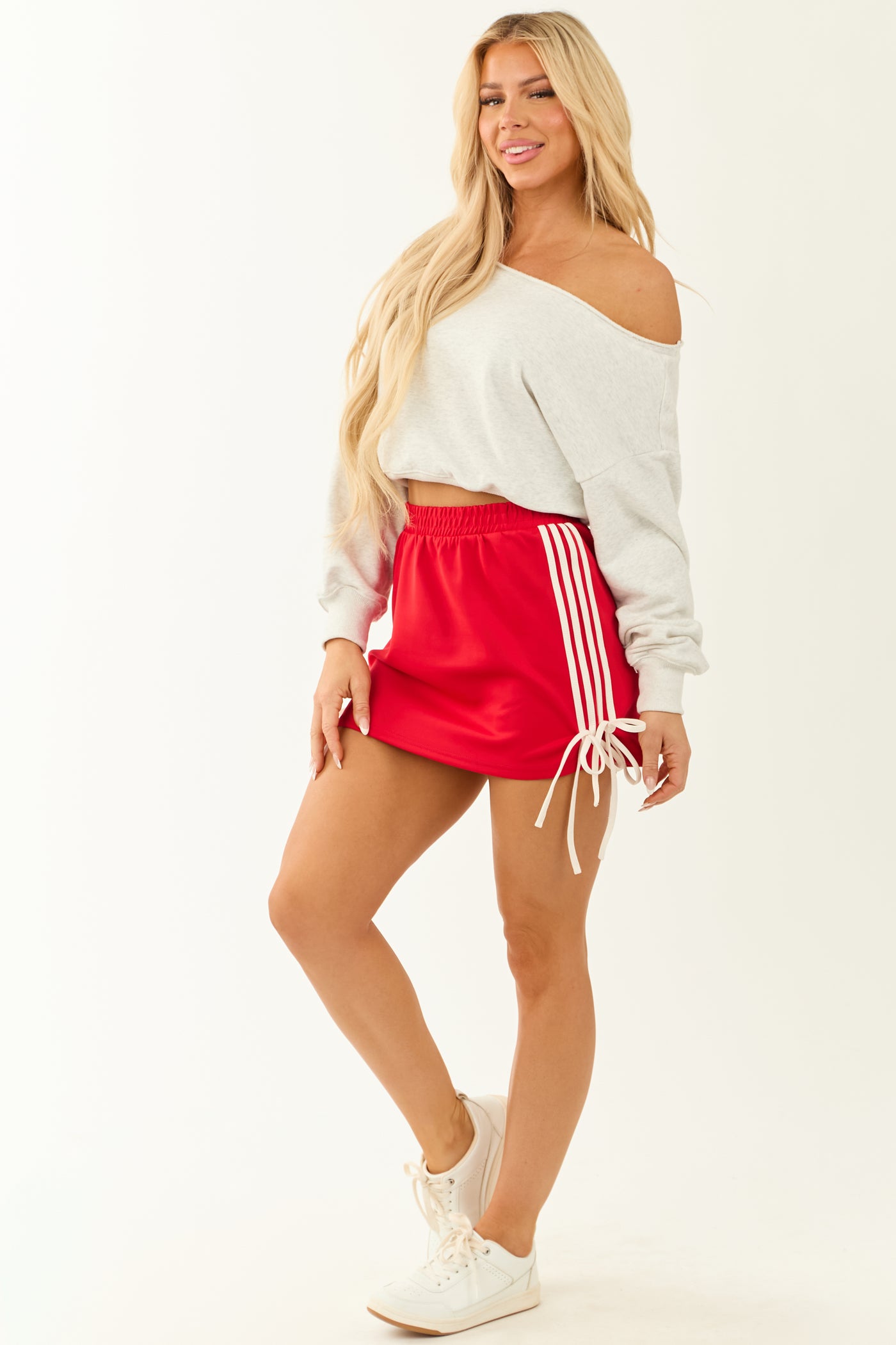 Cherry Side Stripe Elastic Waist Athletic Mini Skirt