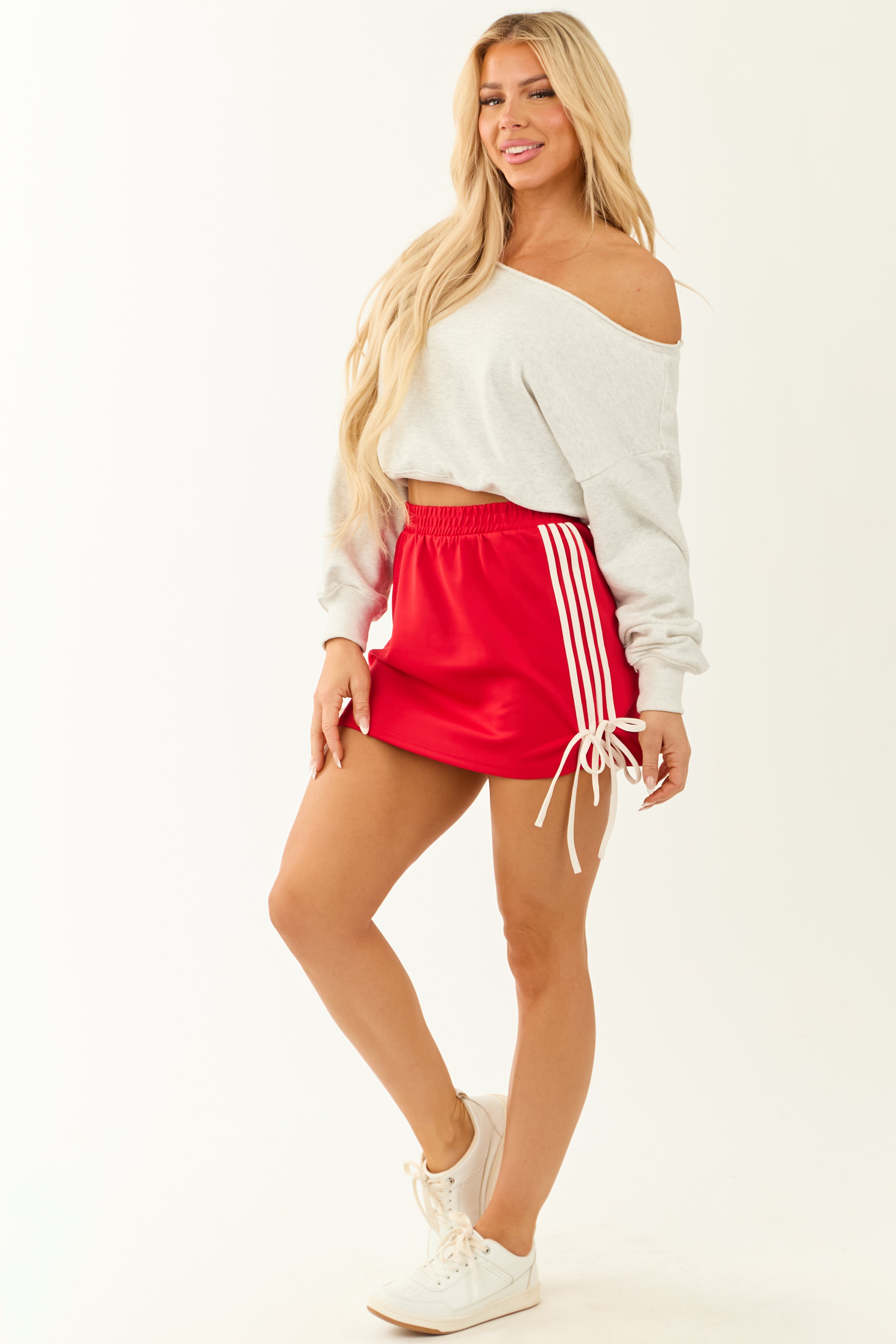 Cherry Side Stripe Elastic Waist Athletic Mini Skirt
