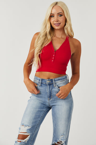 Cherry Snap Button V Neck Ribbed Knit Brami