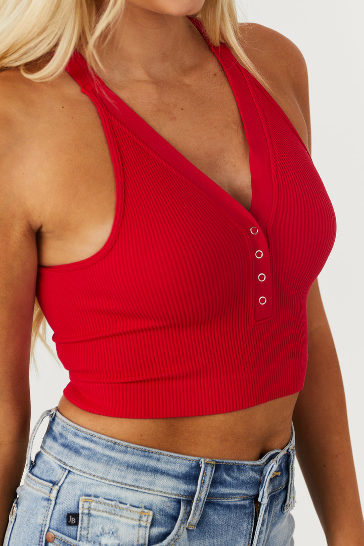 Cherry Snap Button V Neck Ribbed Knit Brami