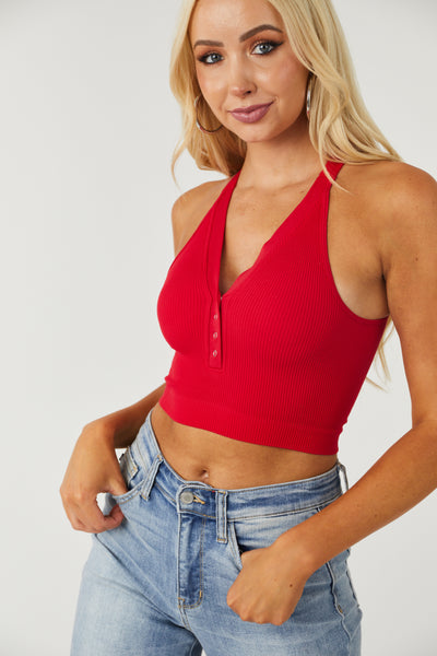 Cherry Snap Button V Neck Ribbed Knit Brami