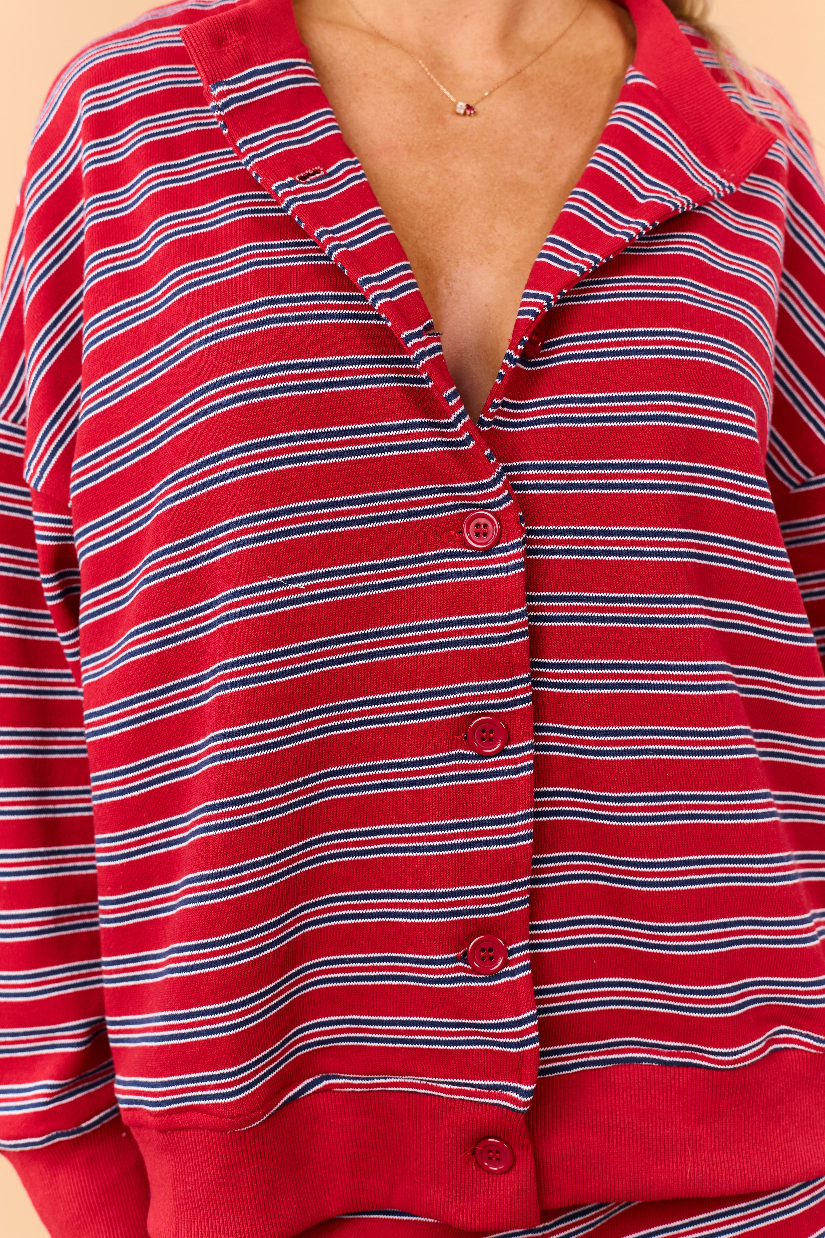 Cherry Striped French Terry Knit Relaxed Cardigan