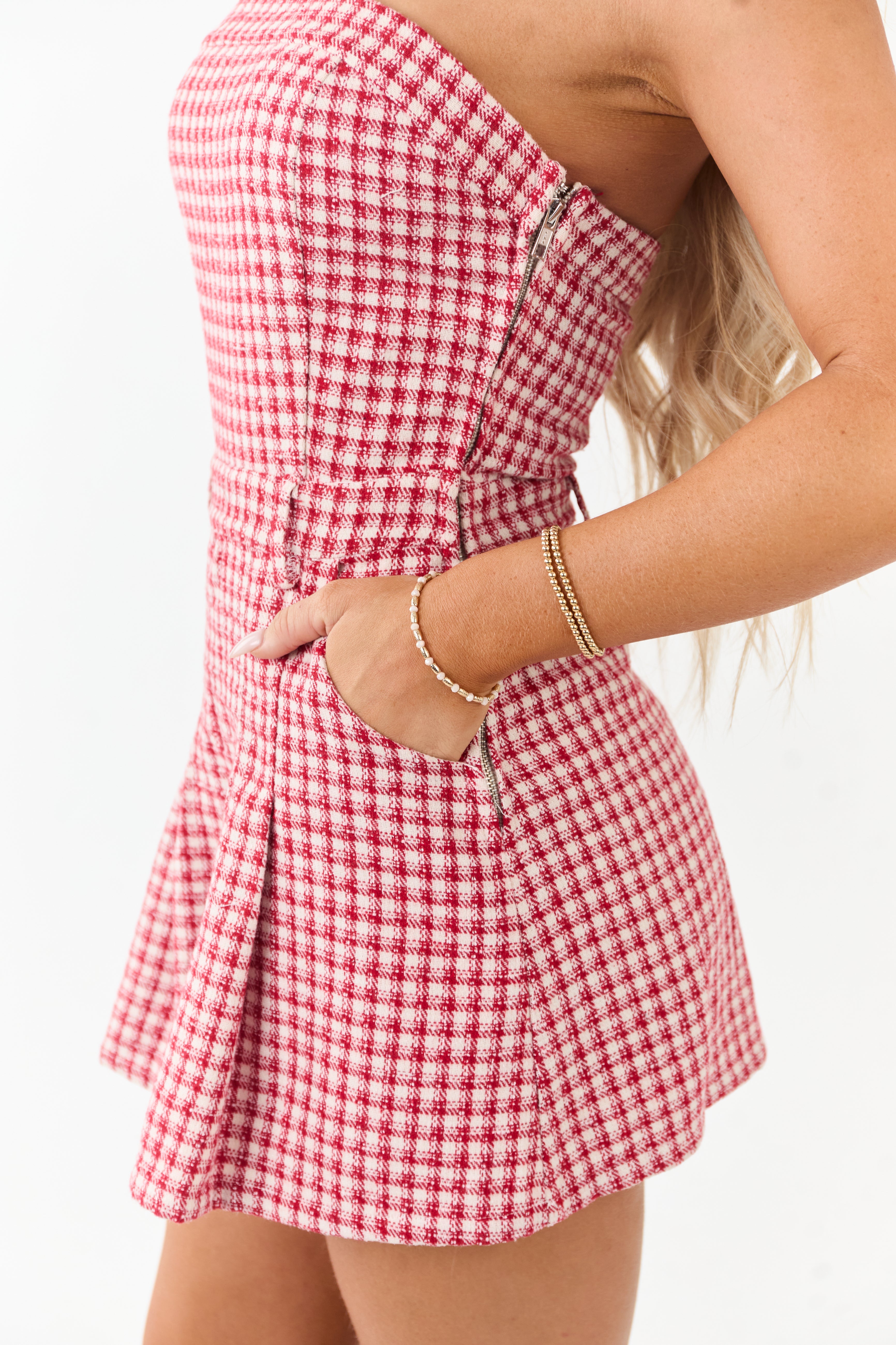 Cherry and Cream Plaid Strapless Romper